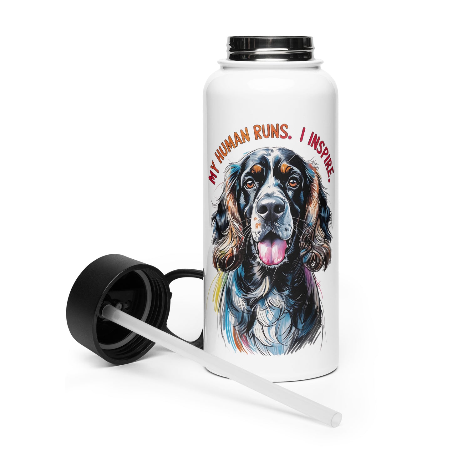 White bottle with colorful Cocker Spaniel illustration and text My Human Runs I Inspire gifts for Cocker Spaniel lovers