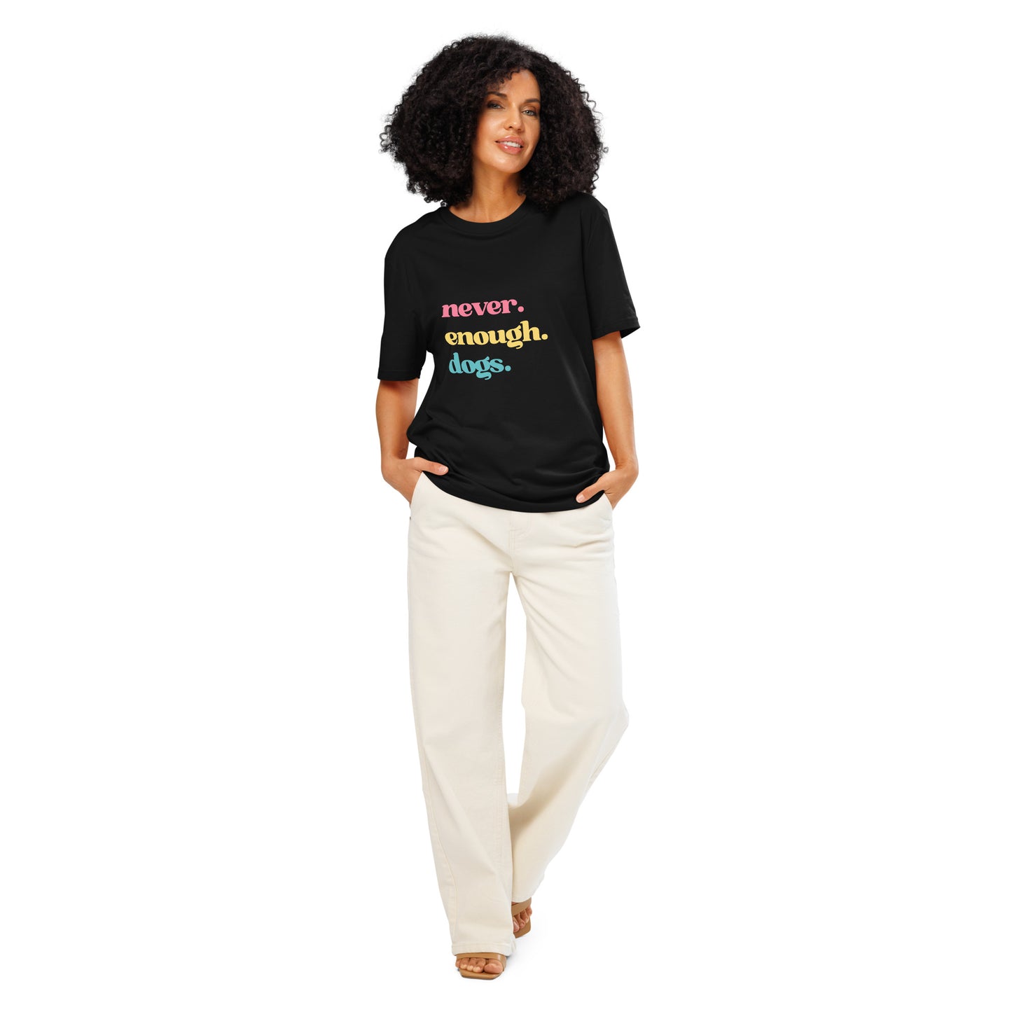 Pet Treasures Studio never enough dogs shirt black womens relaxed fit tee with colour text on model