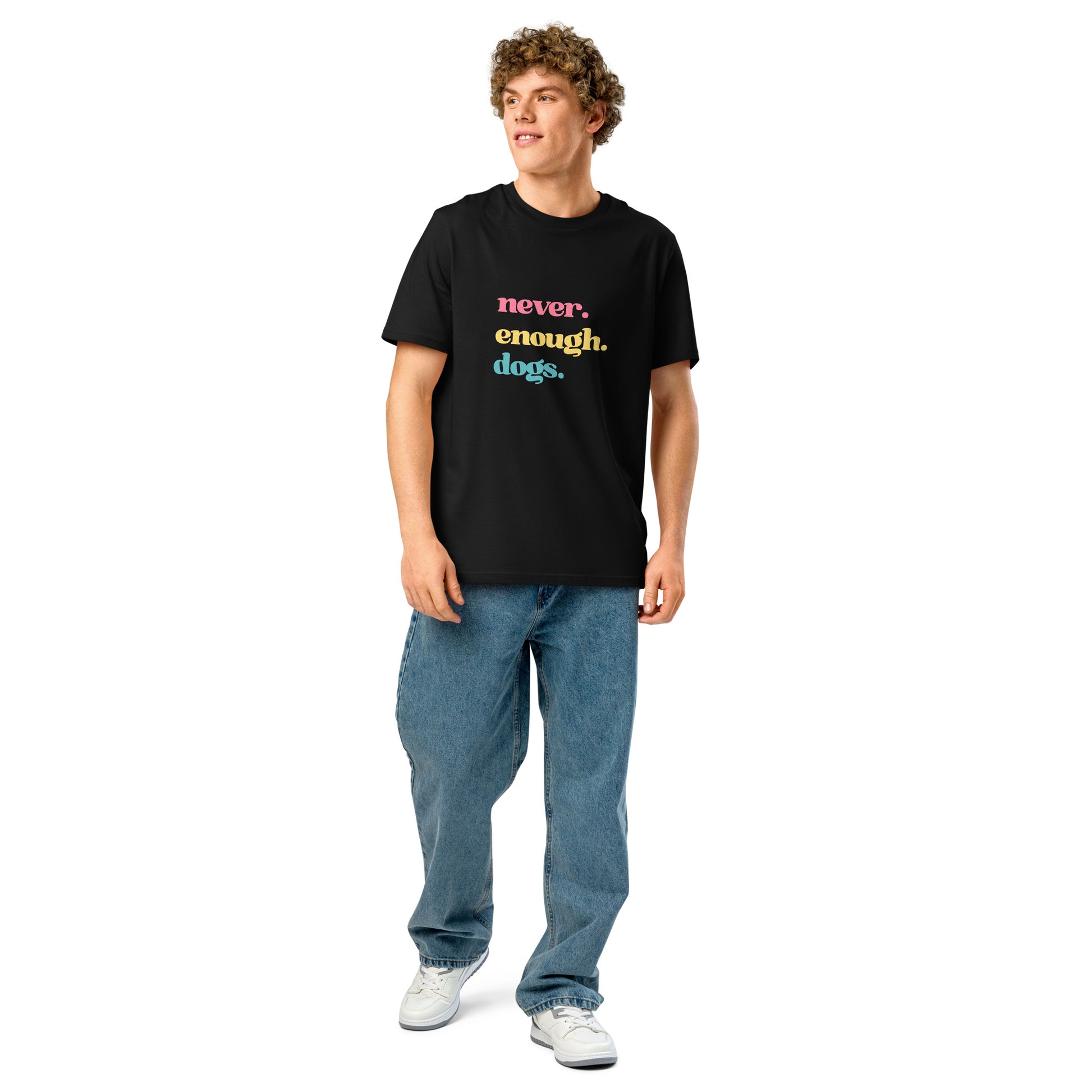 Pet Treasures Studio never enough dogs shirt black T shirt with pastel stacked text worn by male model