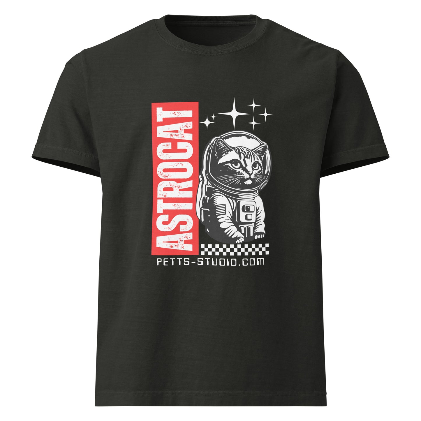 Pet Treasures Studio Space Cat Oversized T-Shirt black featuring astronaut cat graphic with red ASTROCAT panel