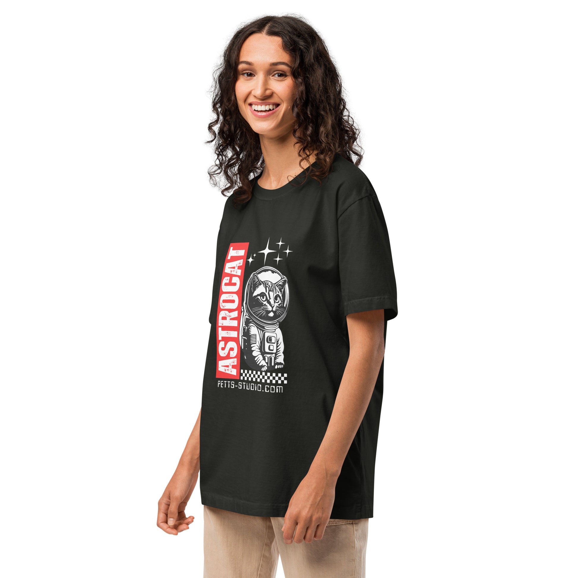 Pet Treasures Studio Space Cat Oversized T-Shirt in black featuring astronaut cat graphic and red ASTROCAT print