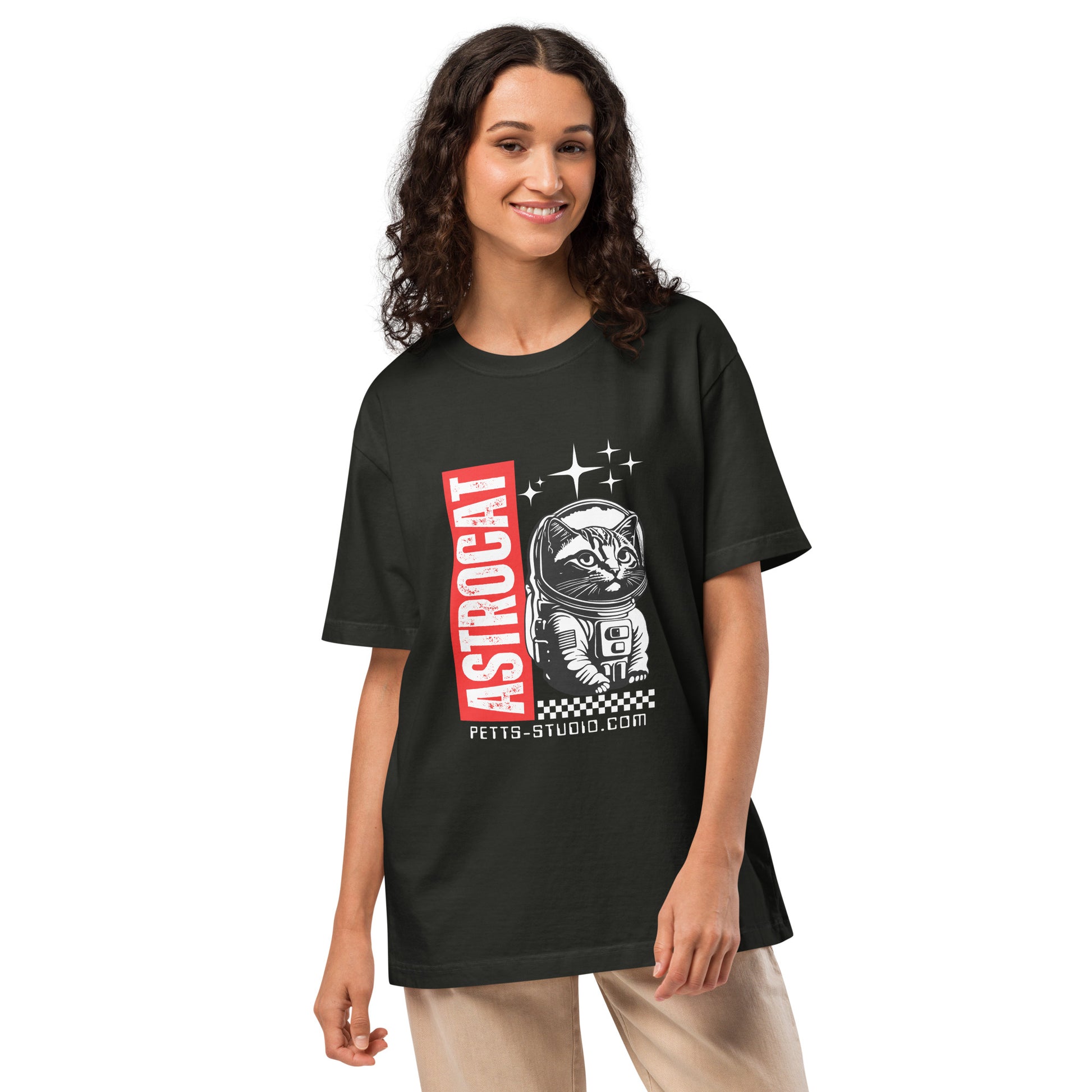 Space Cat Oversized T-Shirt by Pet Treasures Studio black oversized tee with astronaut cat graphic front