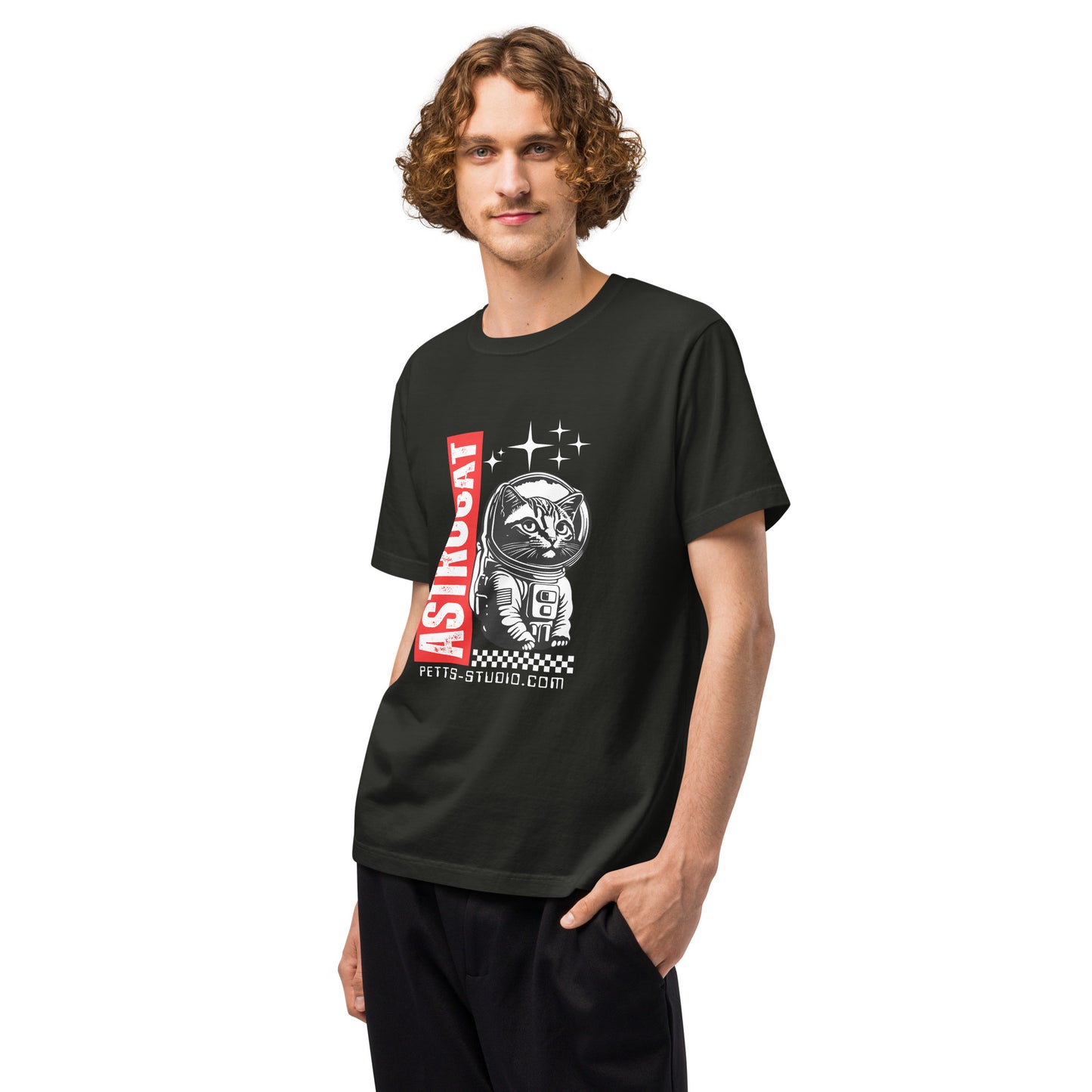 Pet Treasures Studio Space Cat Oversized T-Shirt black with astronaut cat graphic and red ASTRONAUT panel on model