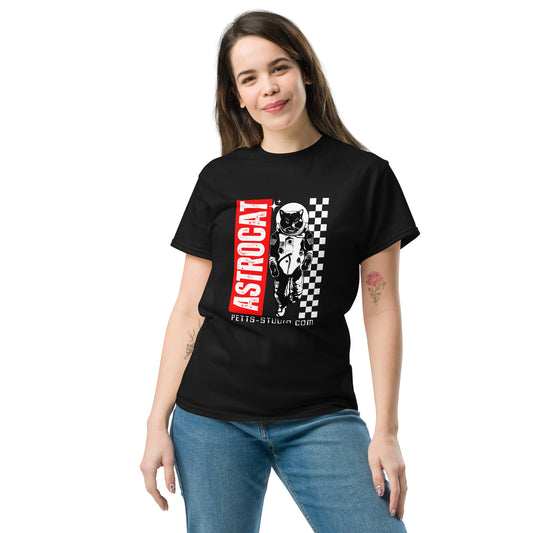 Pet Treasures Studio black cat astronaut graphic tee with retro ASTROCAT print and checkerboard detail