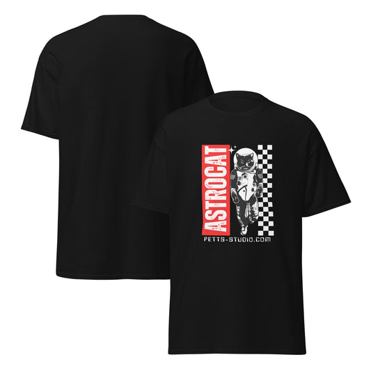 Pet Treasures Studio black cat astronaut graphic tee with red ASTROCAT print and checkerboard panel