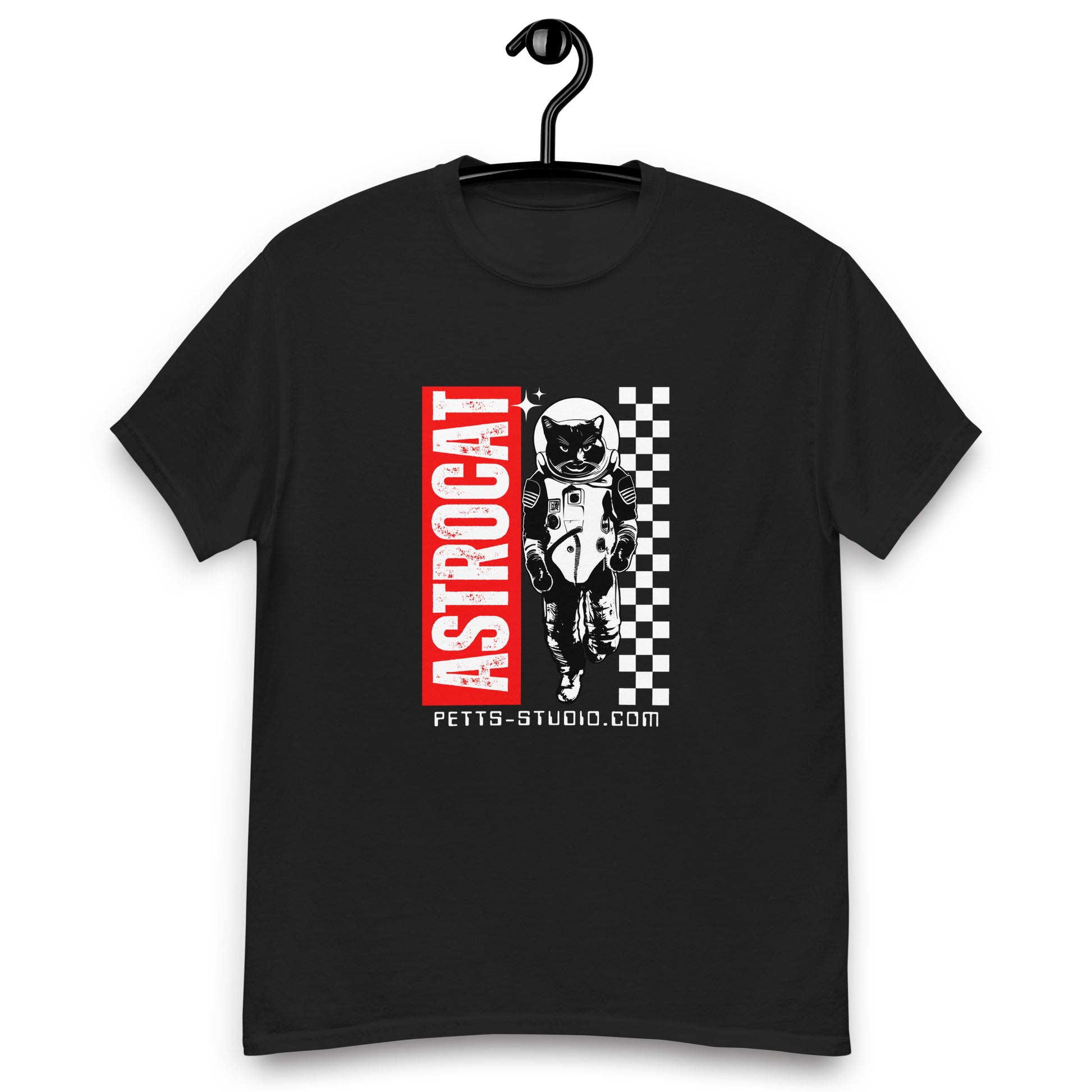 Pet Treasures Studio black t shirt with red ASTROCAT panel and astronaut cat illustration cat astronaut graphic tee