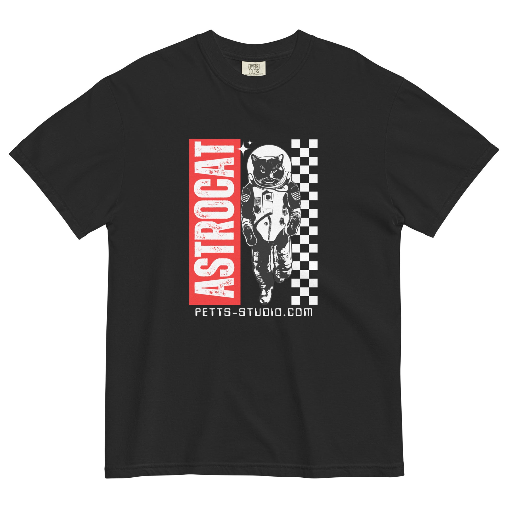 Pet Treasures Studio black unisex premium feline astronaut t-shirt with ASTROCAT spacesuit cat print and checkerboard stripe