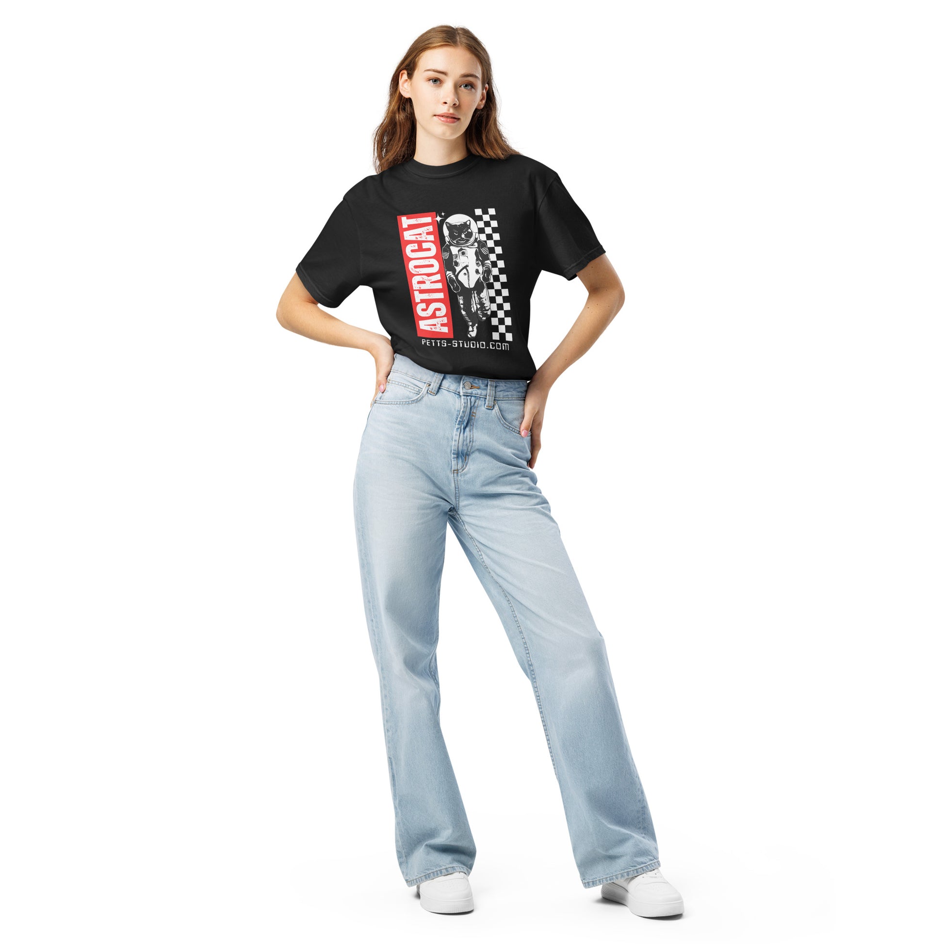 Model wearing Pet Treasures Studio premium feline astronaut t-shirt black with astronaut cat graphic and chequered panel