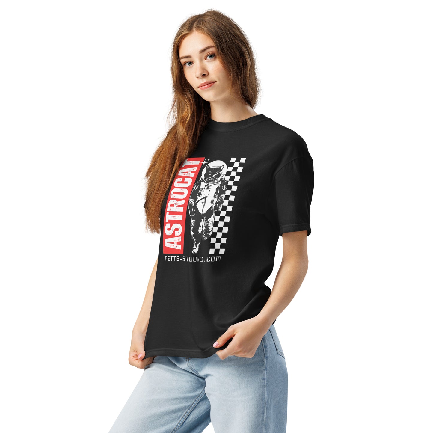 Pet Treasures Studio model wearing black premium feline astronaut t-shirt with retro cat astronaut graphic