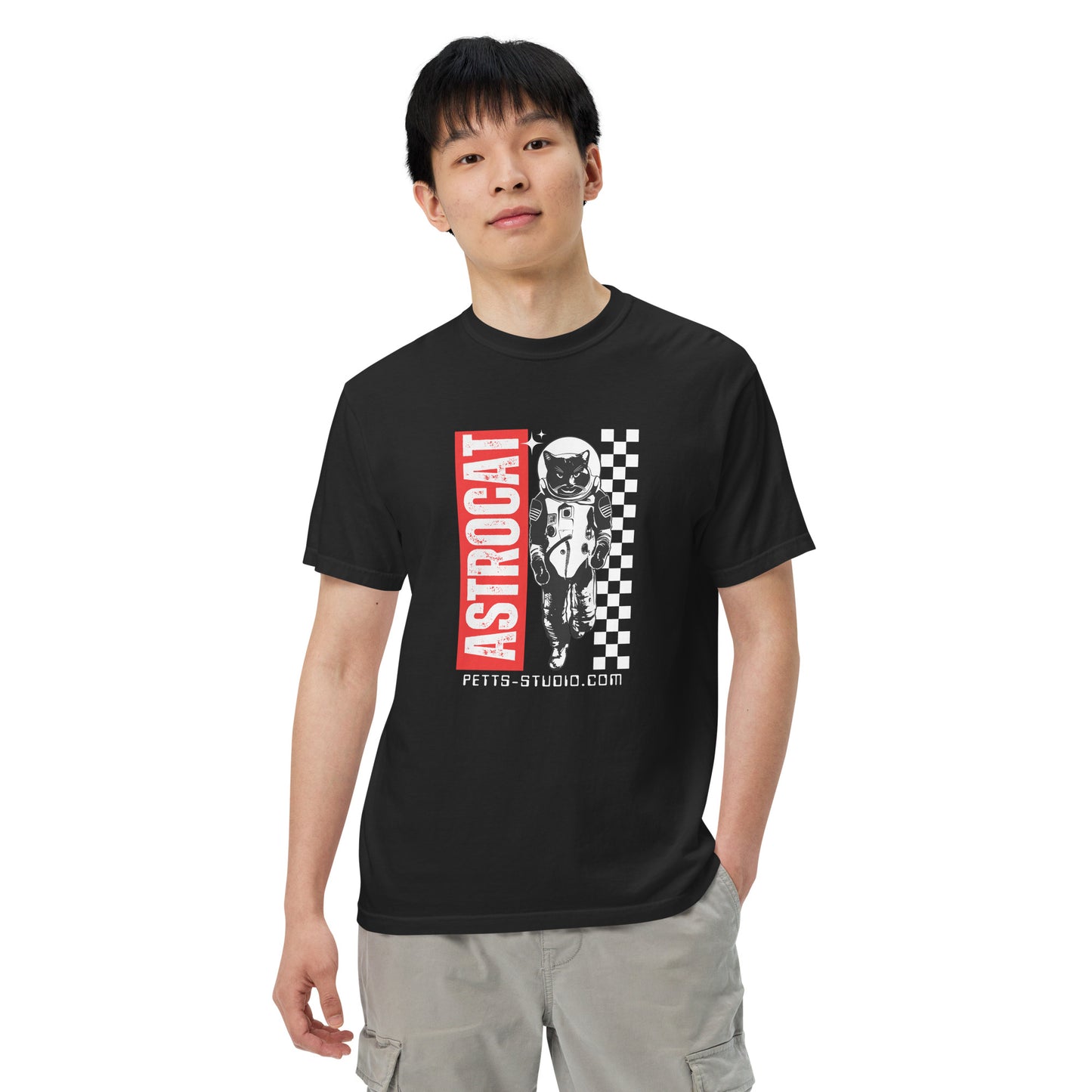Pet Treasures Studio black tee with ASTROCAT astronaut cat print and checkerboard stripe premium feline astronaut t-shirt