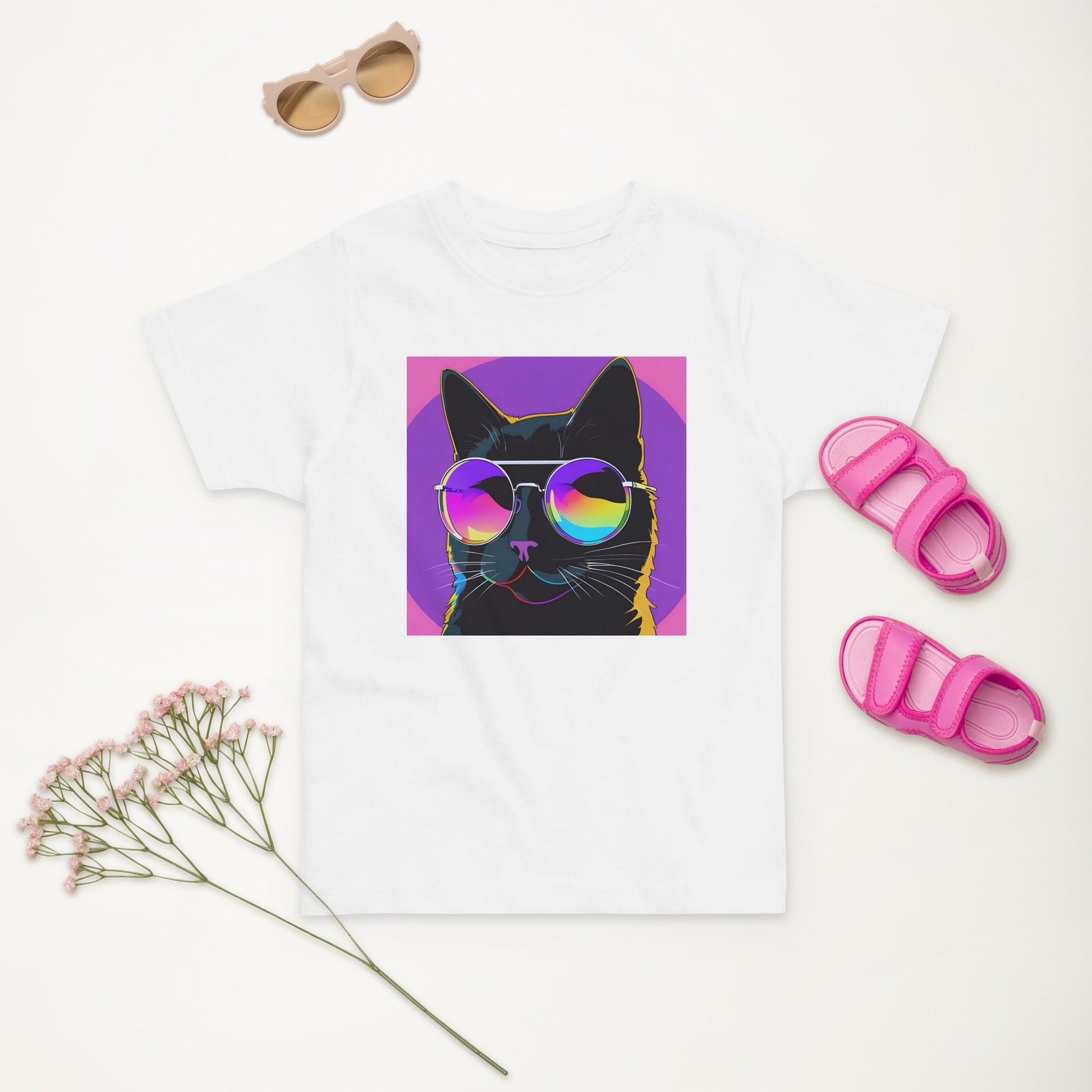 Pet Treasures Studio kids cat t-shirt white tee featuring pop art black cat with rainbow sunglasses on purple square background