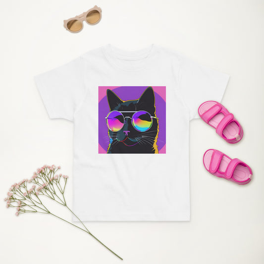 Pet Treasures Studio kids cat t-shirt white tee featuring pop art black cat with rainbow sunglasses on purple square background