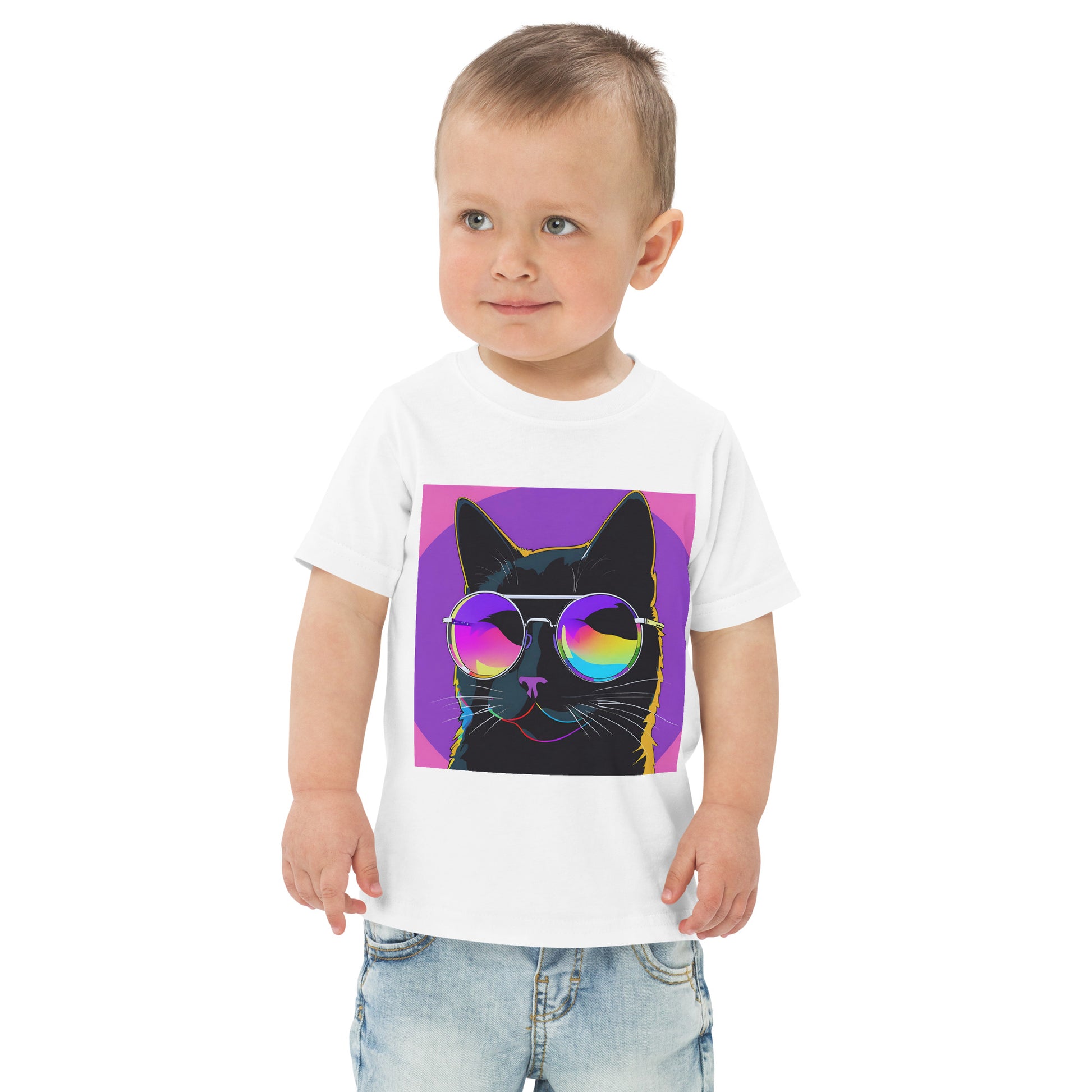 Pet Treasures Studio kids cat t-shirt featuring toddler in white tee with rainbow sunglasses pop art cat design