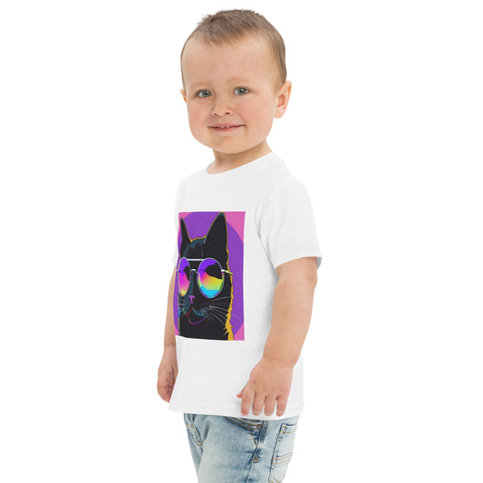 Pet Treasures Studio white kids cat t-shirt with colourful pop art cat wearing rainbow sunglasses on toddler