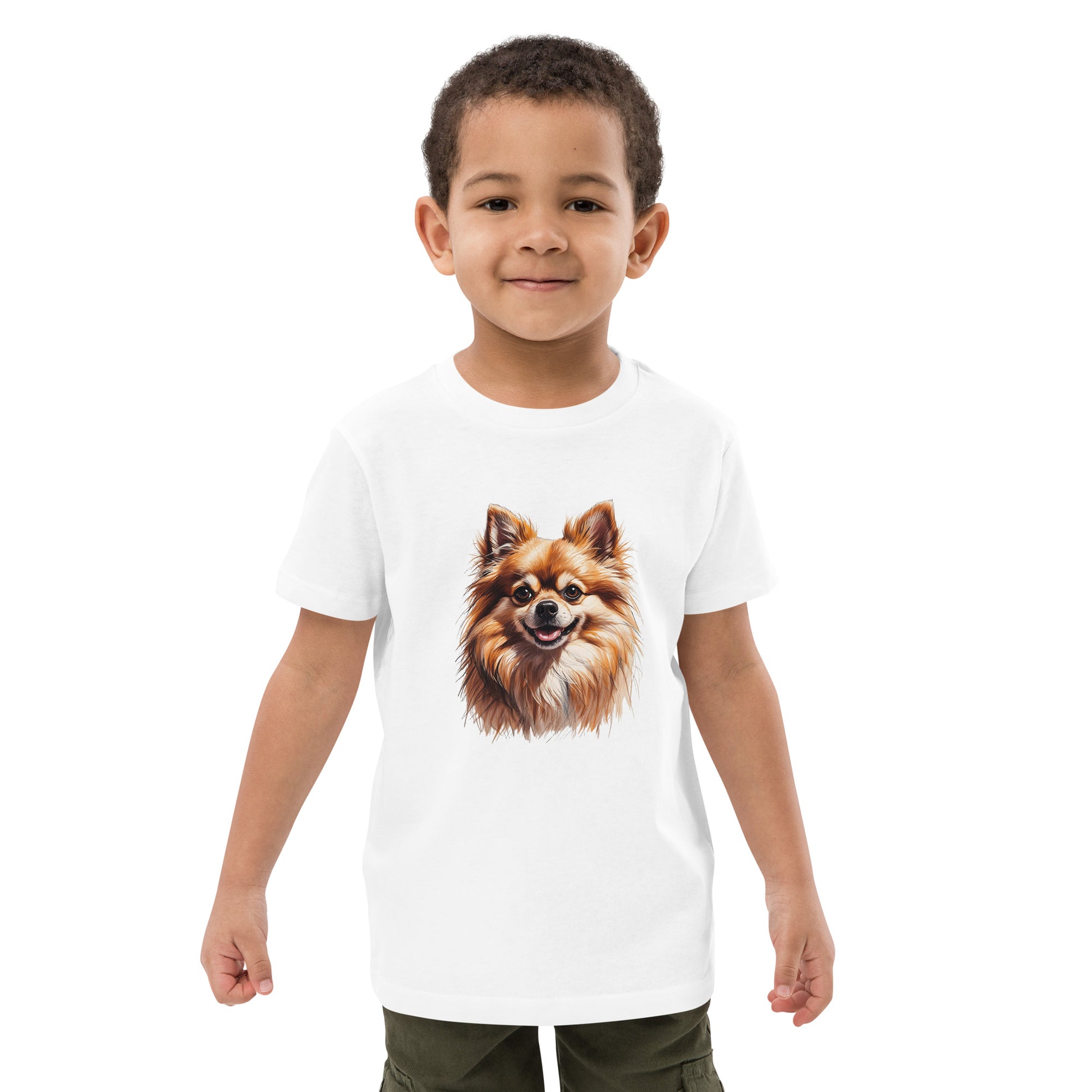White Pomeranian puppy kids shirt featuring a smiling Pomeranian dog on front worn by a young boy