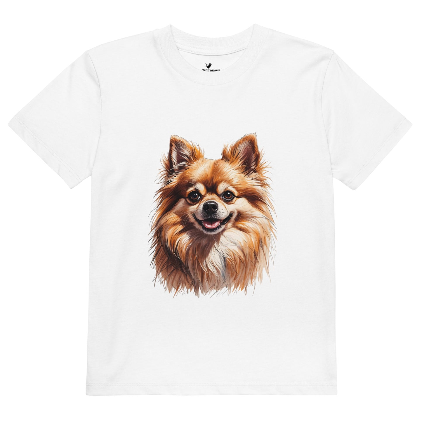 White T-shirt with a smiling Pomeranian puppy face printed on the front Pomeranian puppy kids shirt