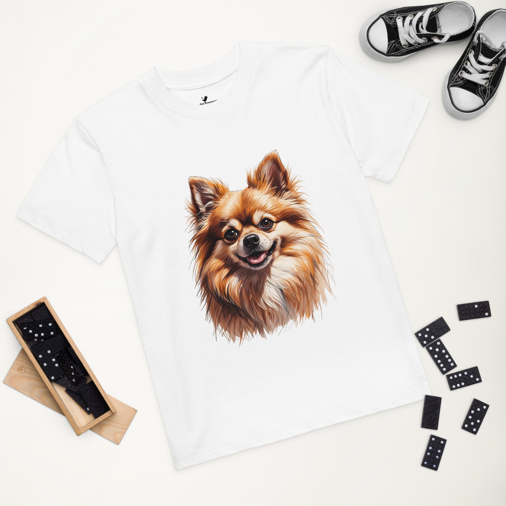 White Pomeranian puppy kids shirt from Pet Treasures Studio with a detailed smiling dog illustration