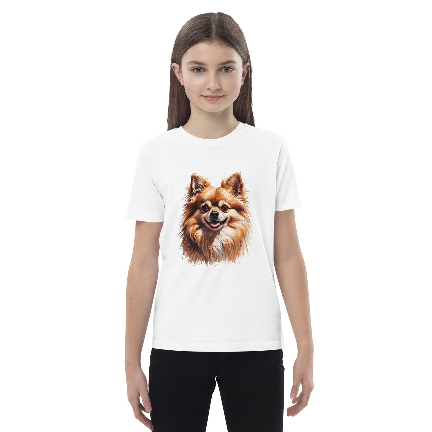 White Pomeranian puppy kids shirt with realistic dog face print worn by child