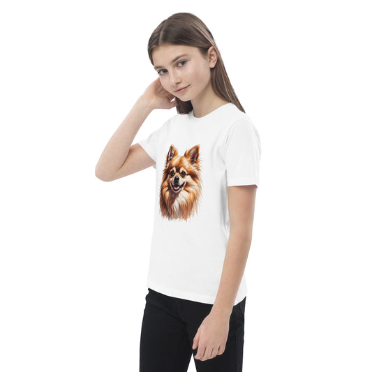 Pet Treasures Studio white t-shirt featuring a Pomeranian puppy kids shirt design worn by a girl