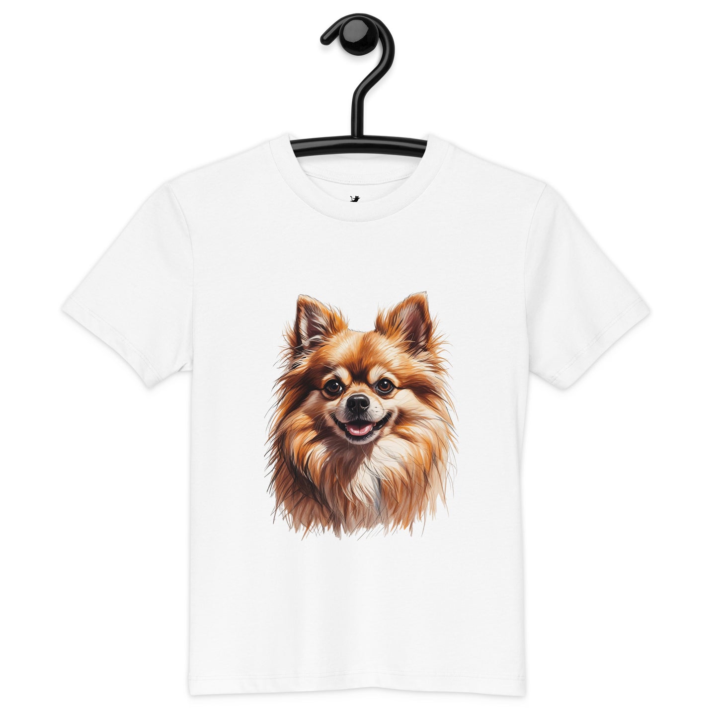 Pet Treasures Studio white kids t-shirt with a realistic Pomeranian puppy kids shirt design on the front
