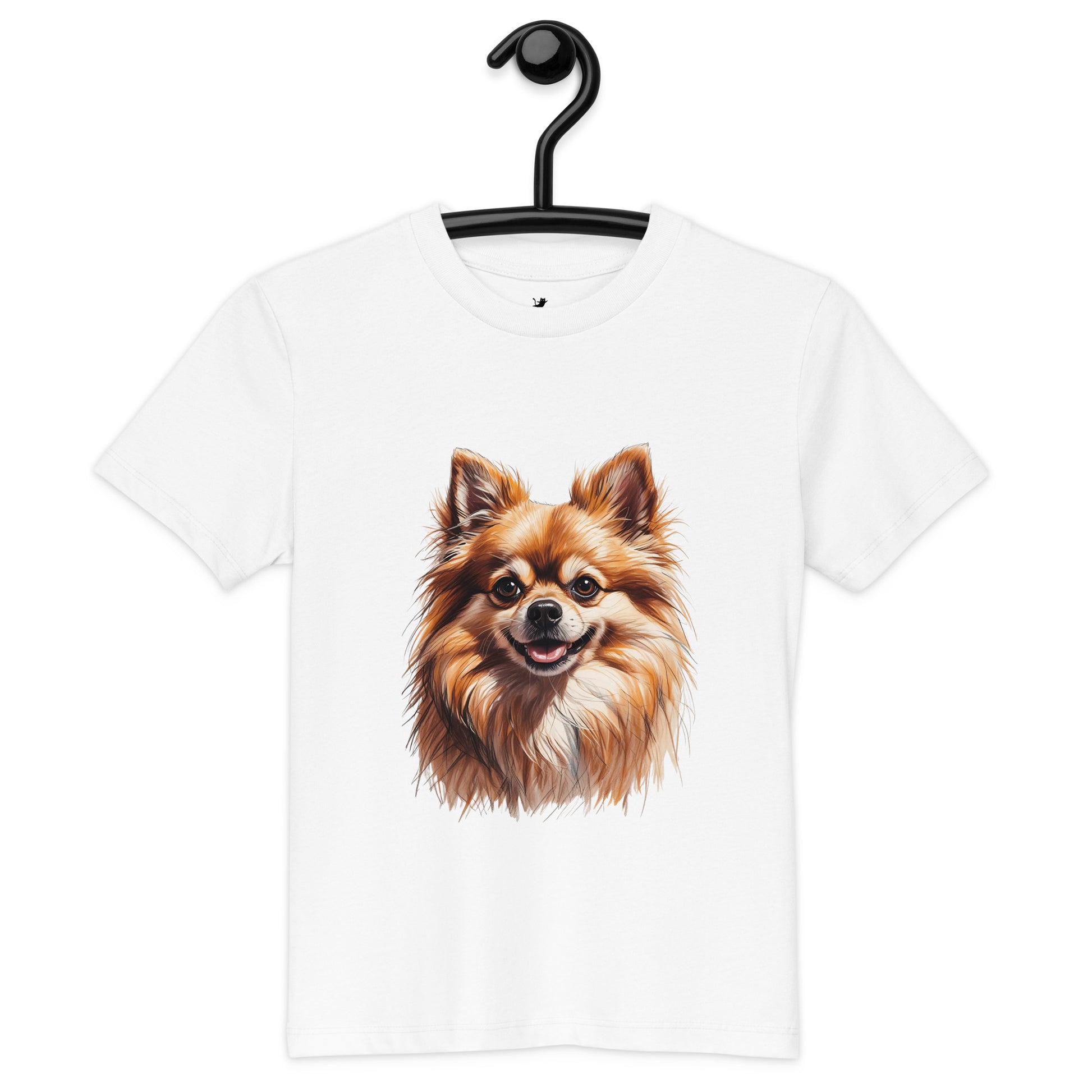 Pet Treasures Studio white kids t-shirt with a realistic Pomeranian puppy kids shirt design on the front