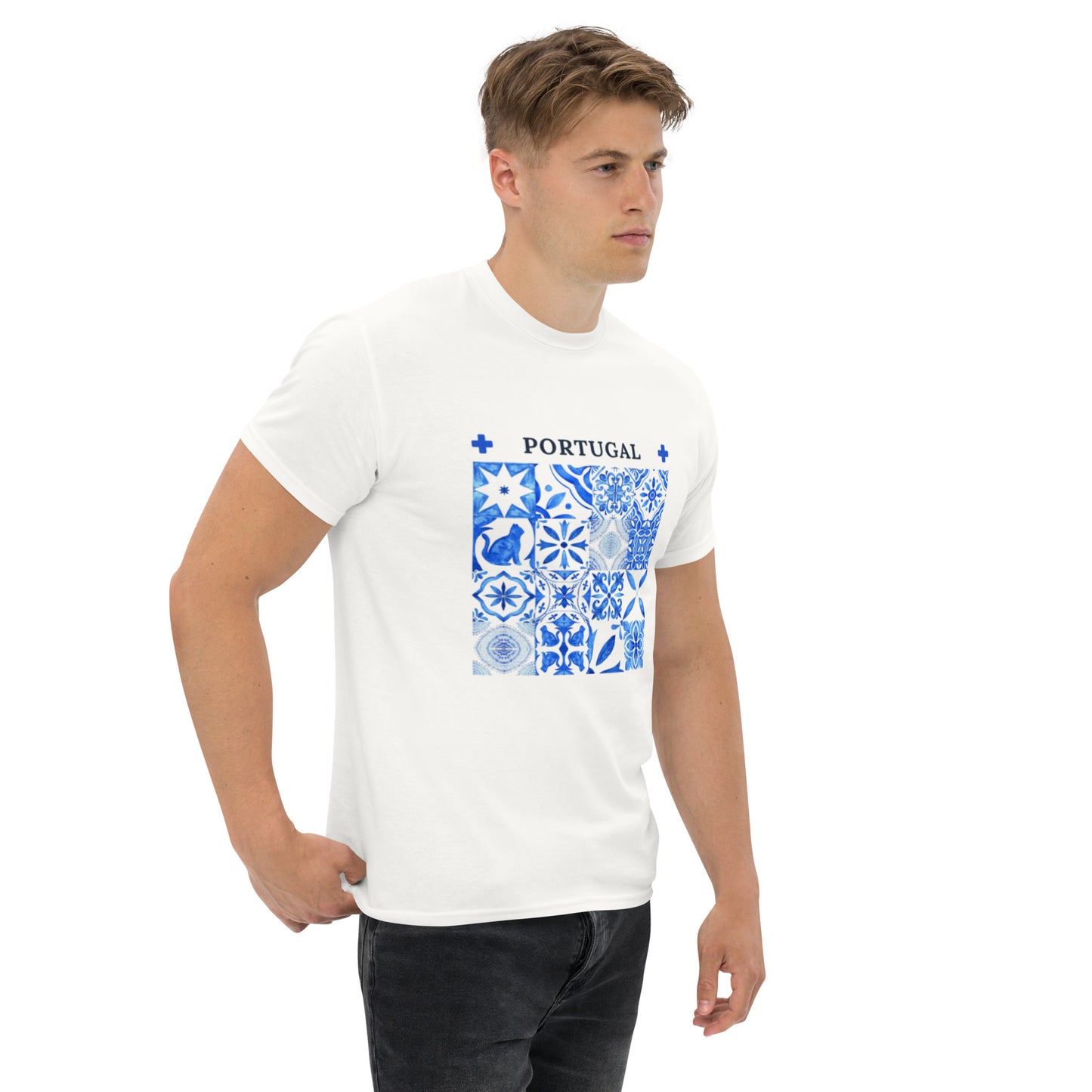 White Pet Treasures Studio Portuguese tile cat shirt with blue tile and cat pattern worn by male model