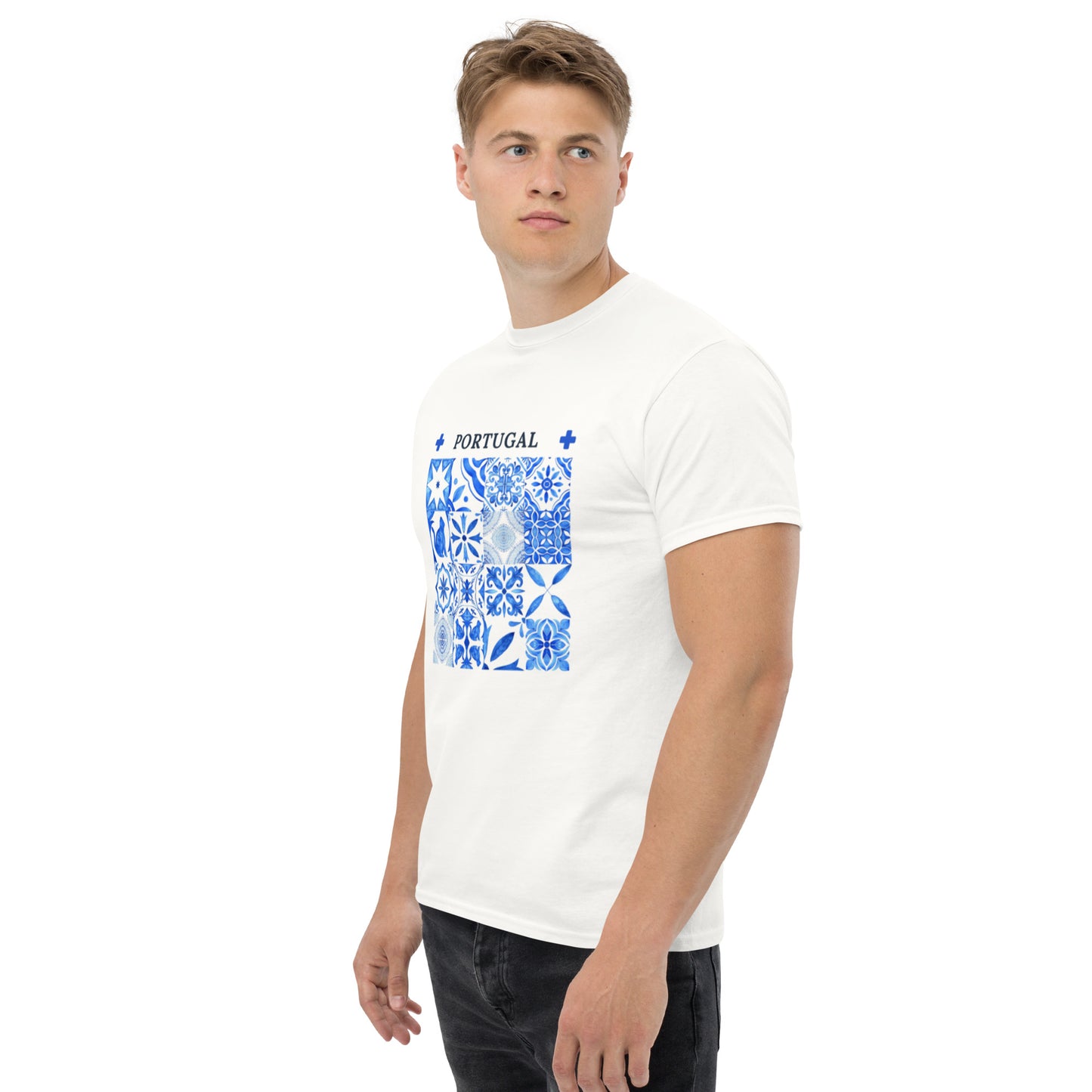 White T-shirt featuring blue Portuguese tile cat shirt design with Portugal text