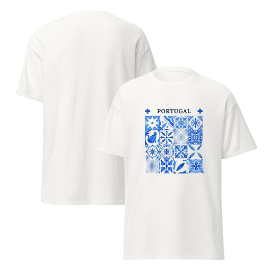 White Portuguese tile cat shirt with blue traditional tile patterns and Portugal text