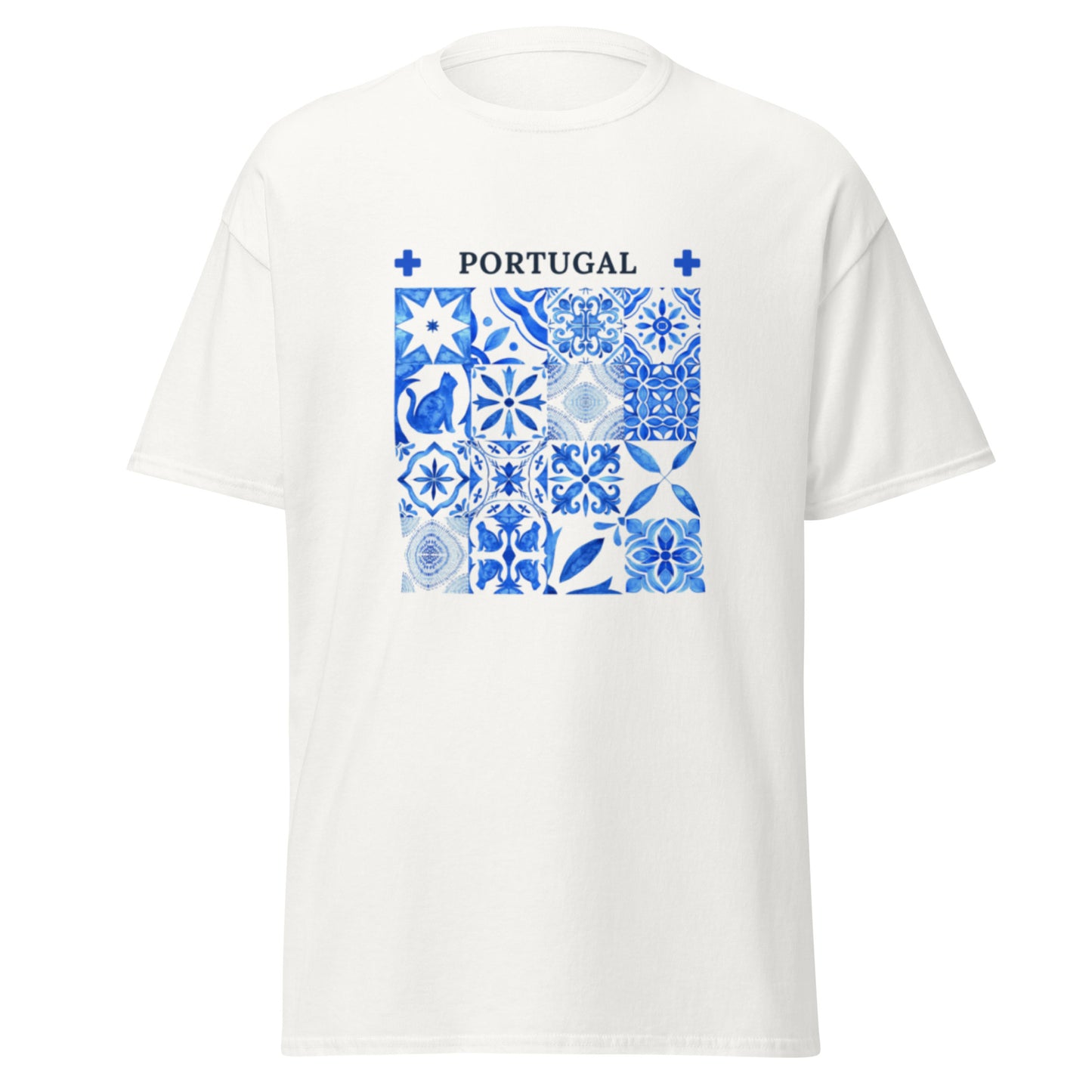 White t-shirt featuring a blue Portuguese tile cat shirt design with Portugal text