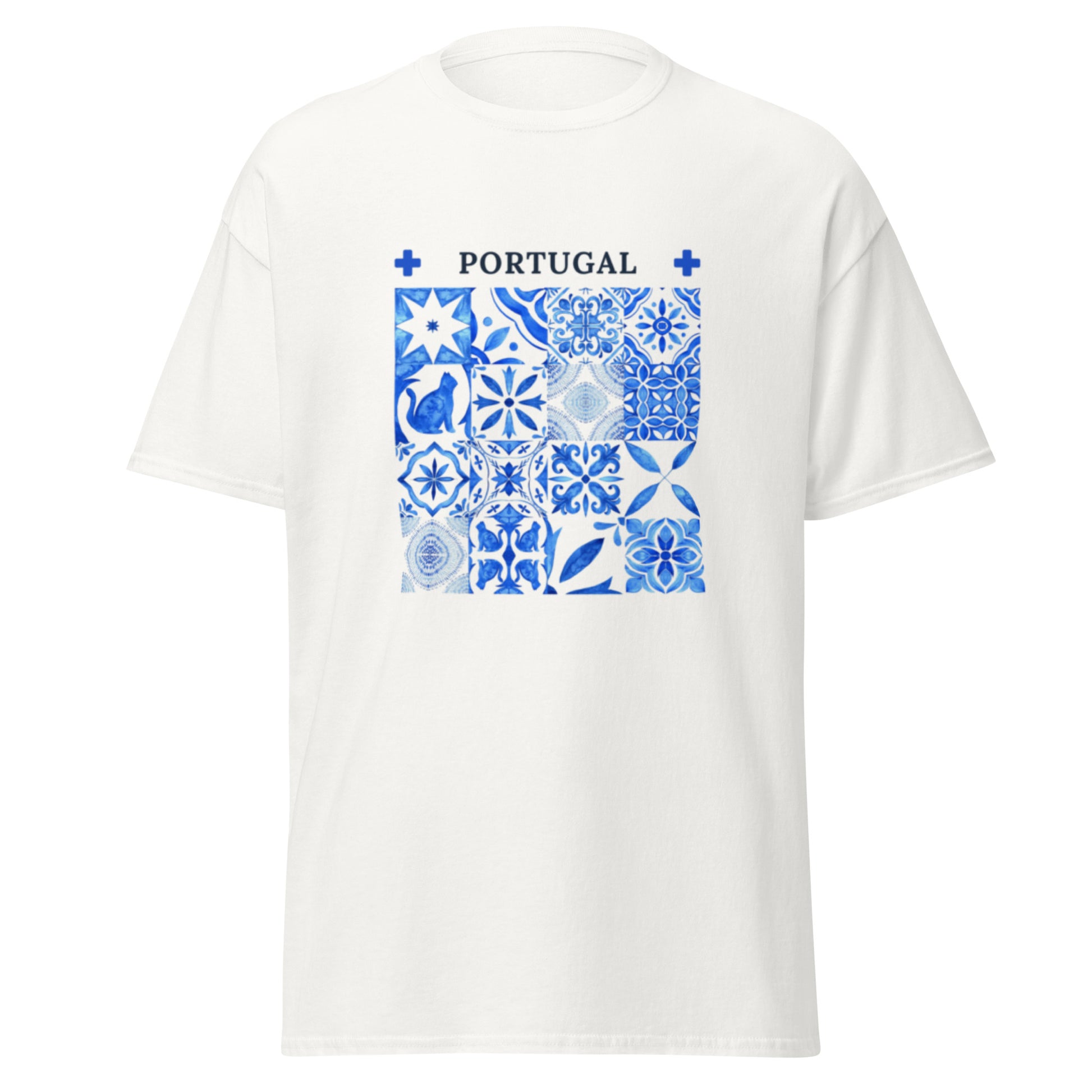 White t-shirt featuring a blue Portuguese tile cat shirt design with Portugal text