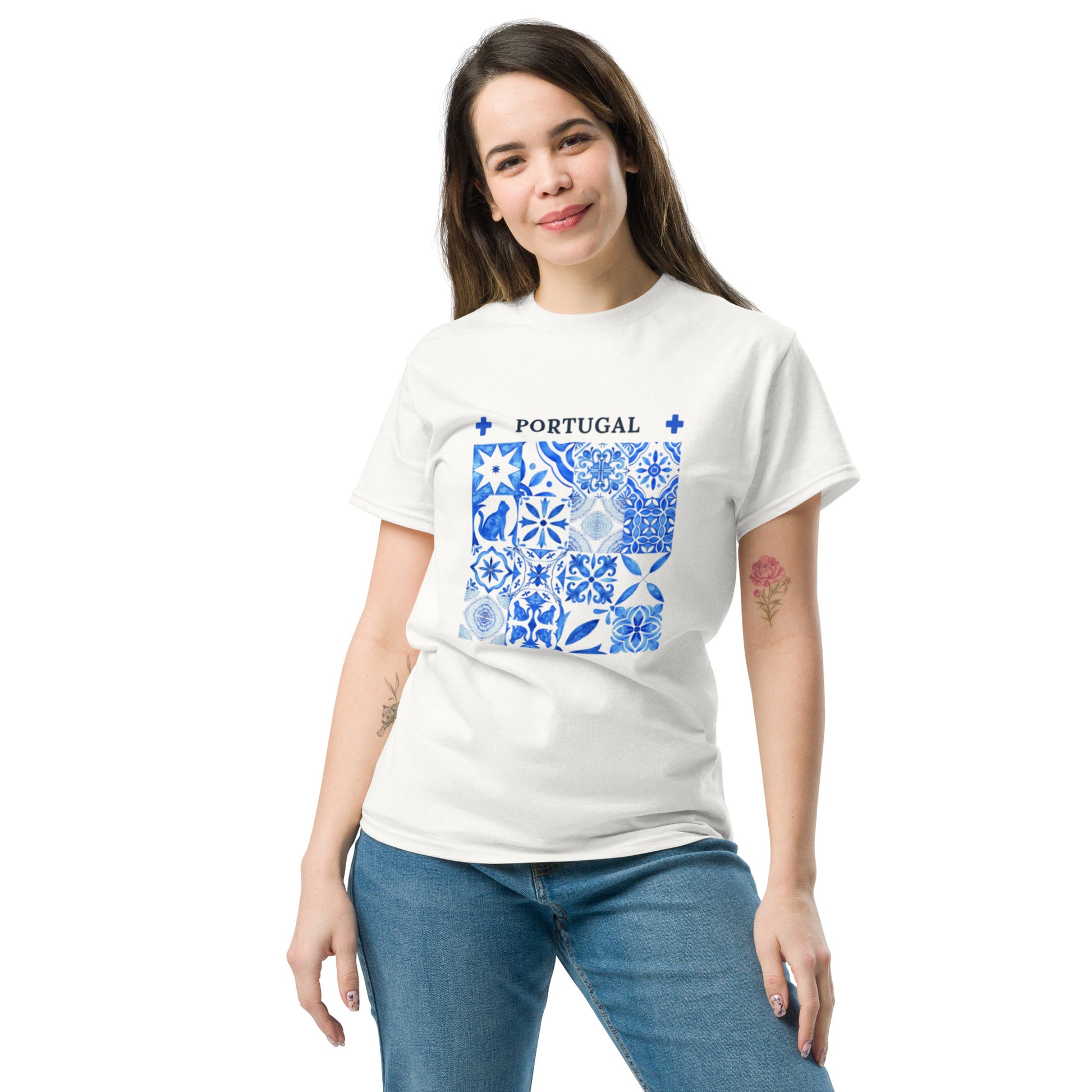 White T-shirt featuring a blue Portugal tile cat shirt design worn by a smiling woman