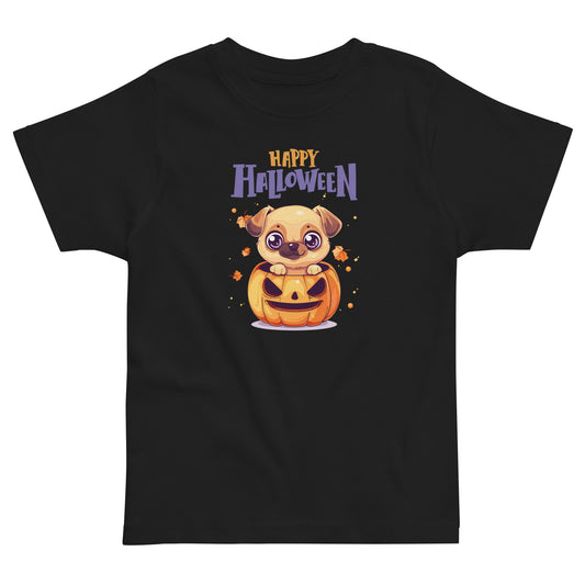 Pumpkin Dog Halloween T-Shirt for Toddlers featuring cute puppy in a pumpkin design