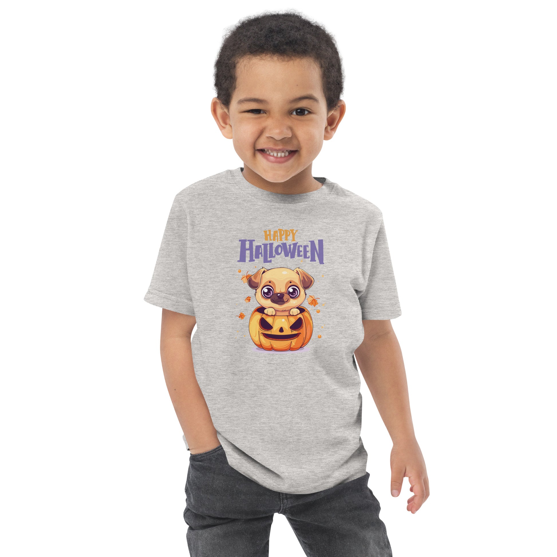 Grey Pumpkin Dog Halloween T-Shirt for Toddlers featuring a cute dog in a pumpkin with Happy Halloween text