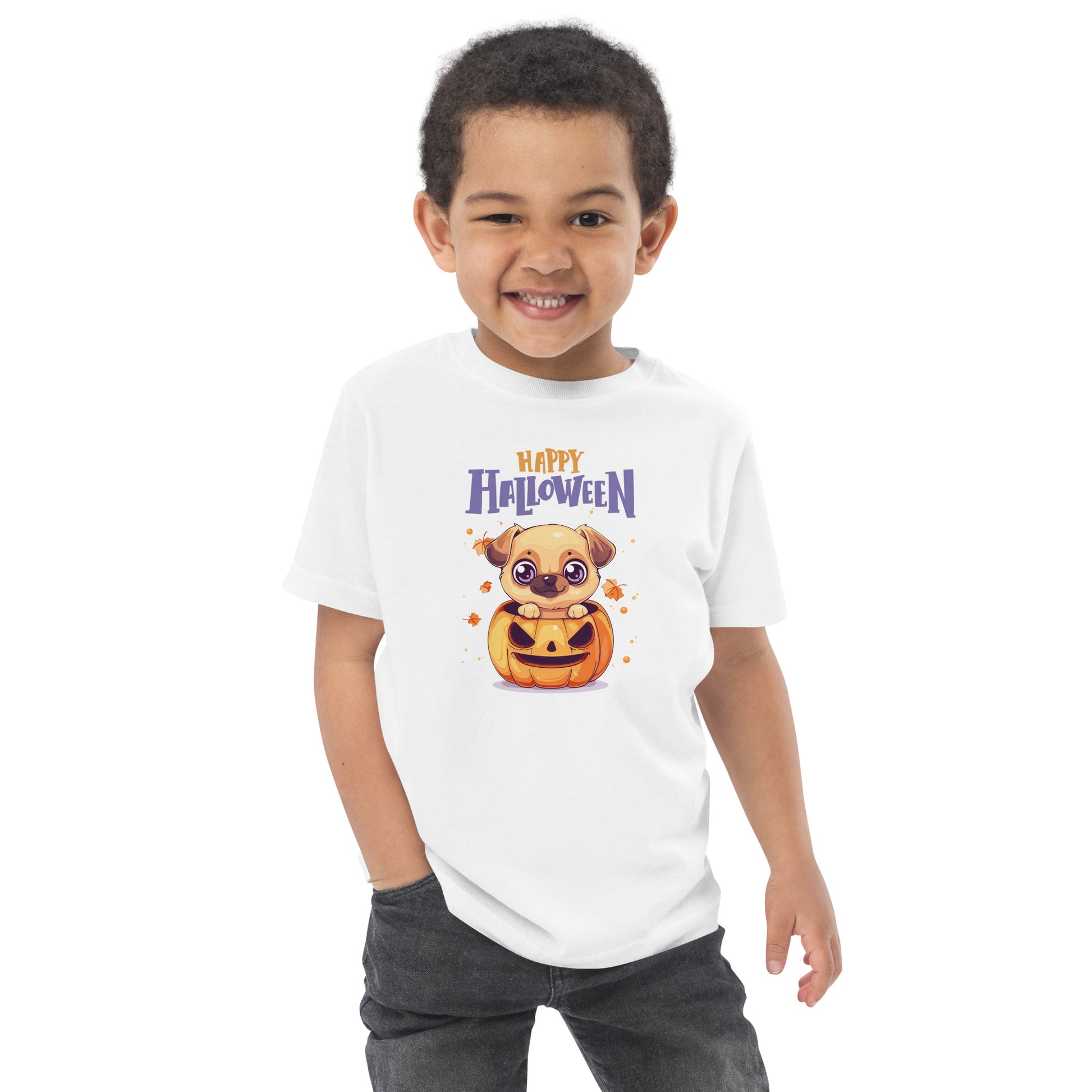 Cute toddler wearing a Pumpkin Dog Halloween T-Shirt for Toddlers with a festive design
