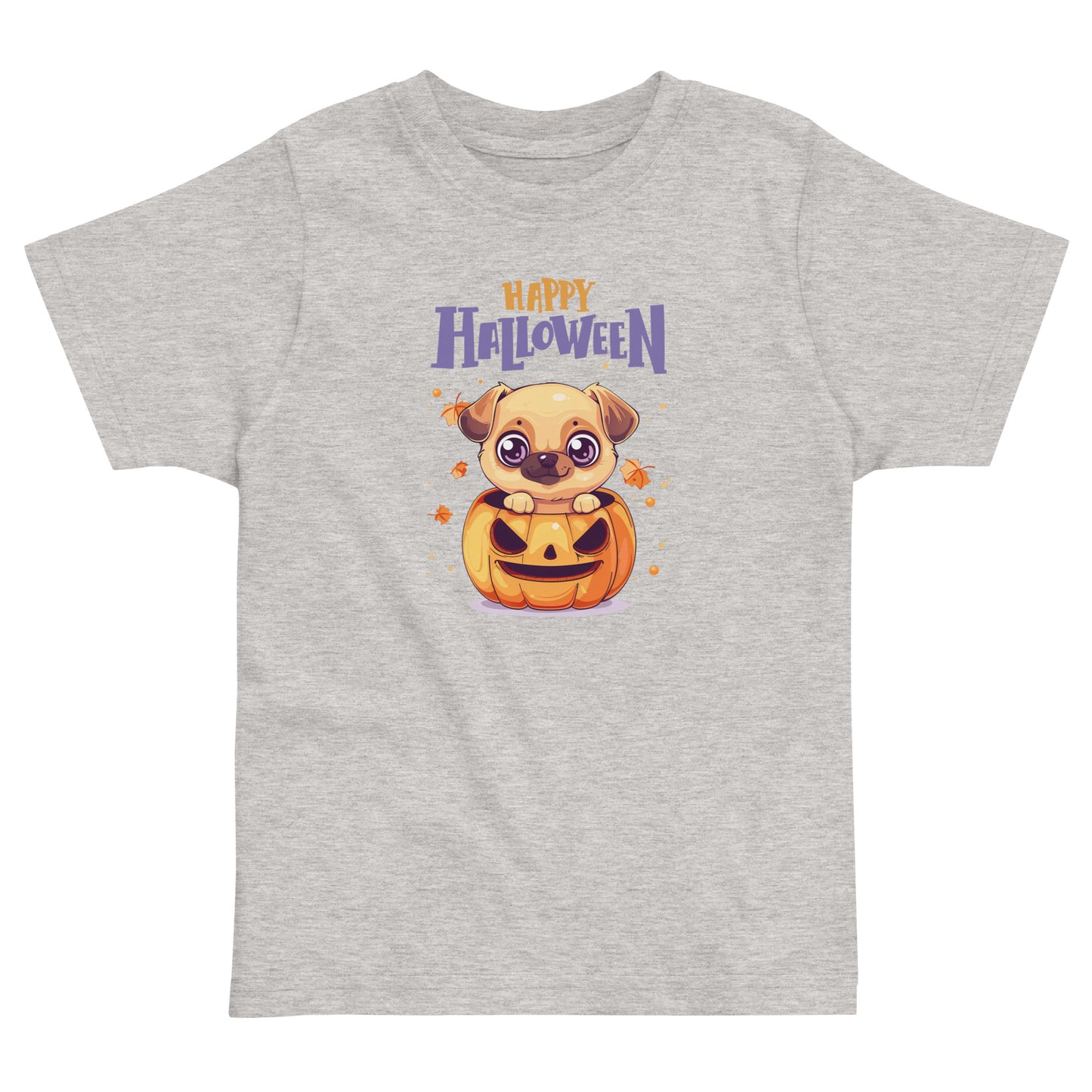 Cute grey Pumpkin Dog Halloween T-Shirt for Toddlers featuring a smiling puppy in a pumpkin