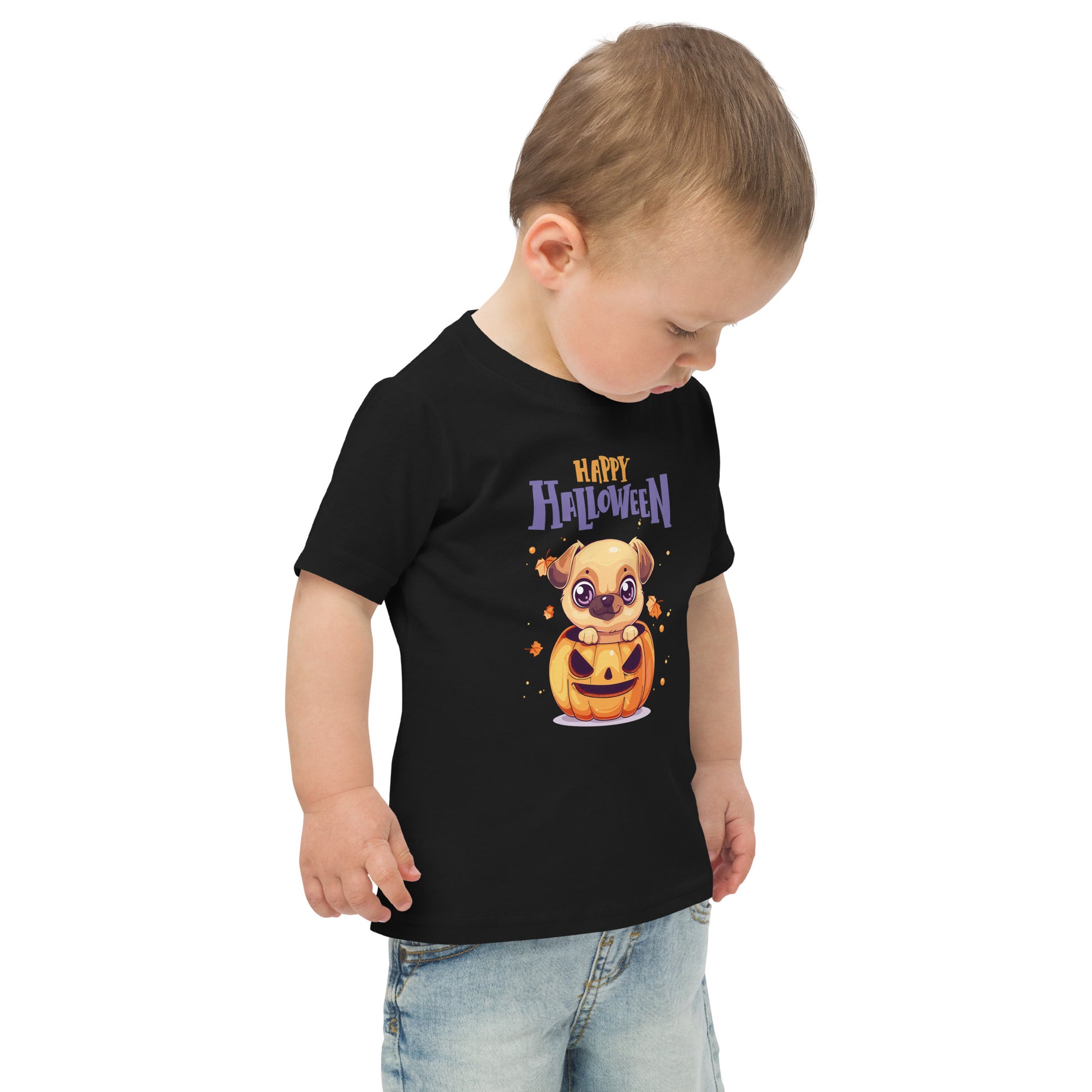 Cute Pumpkin Dog Halloween T-Shirt for Toddlers featuring a playful dog in a pumpkin costume