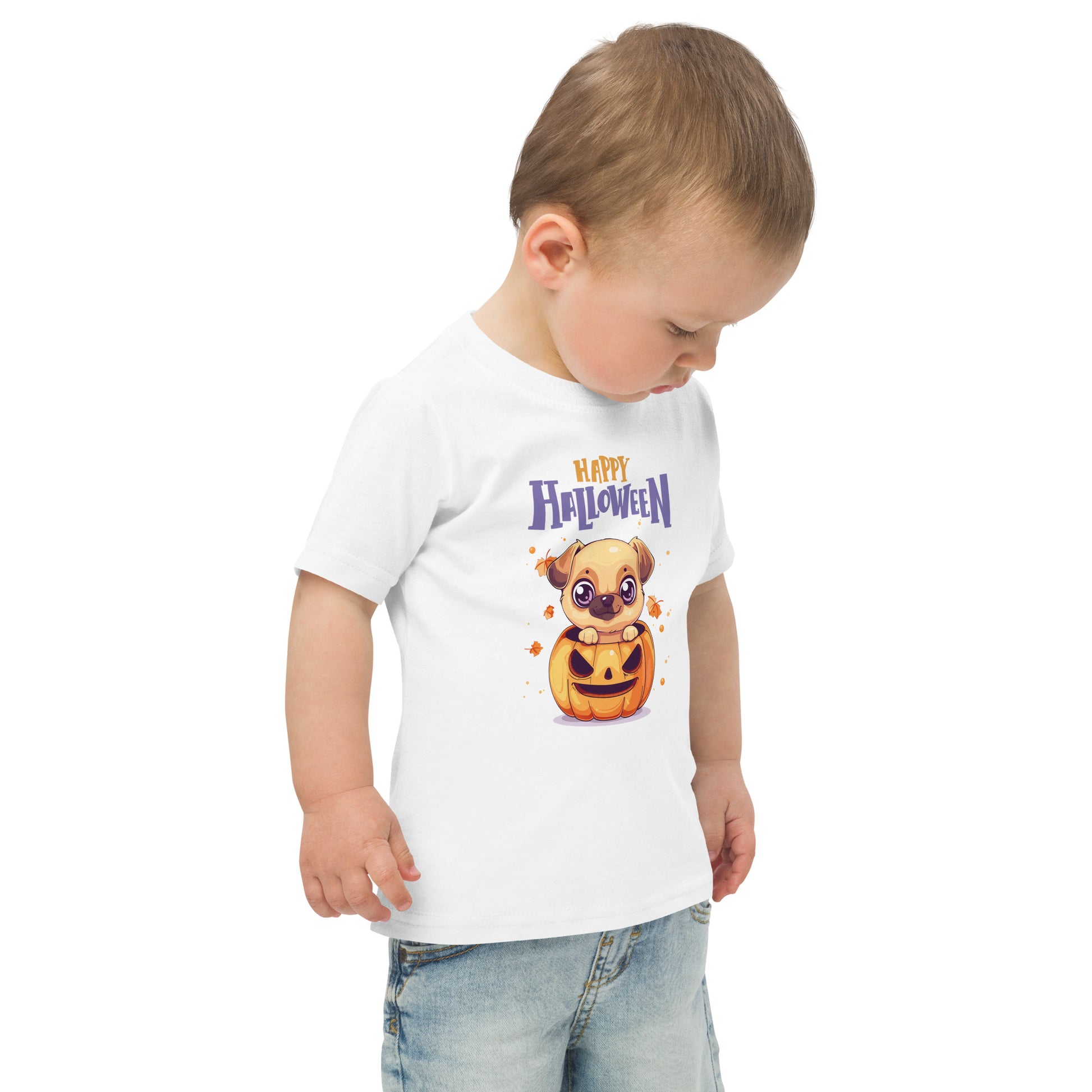 Cute Pumpkin Dog Halloween T-Shirt for Toddlers featuring a playful dog and festive design