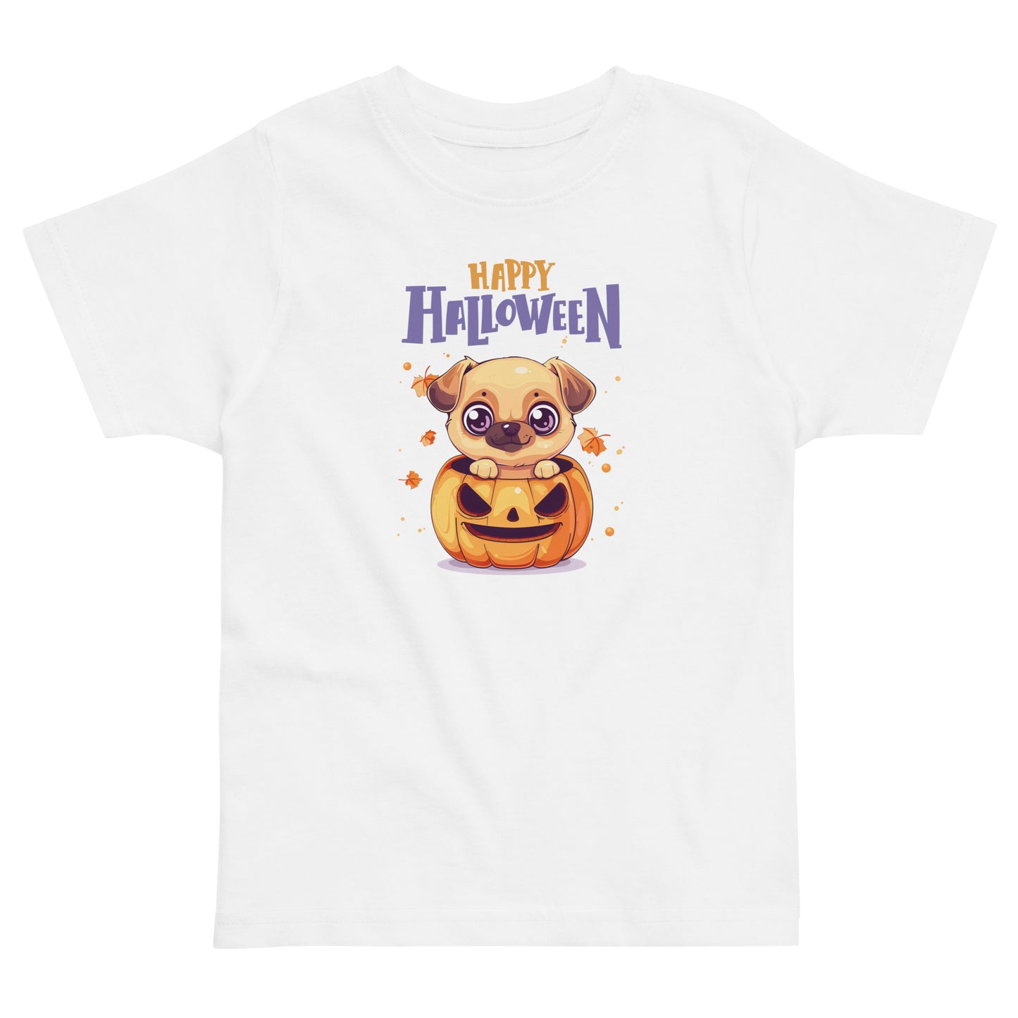 White Pumpkin Dog Halloween T-Shirt for Toddlers featuring a cute puppy in a pumpkin costume