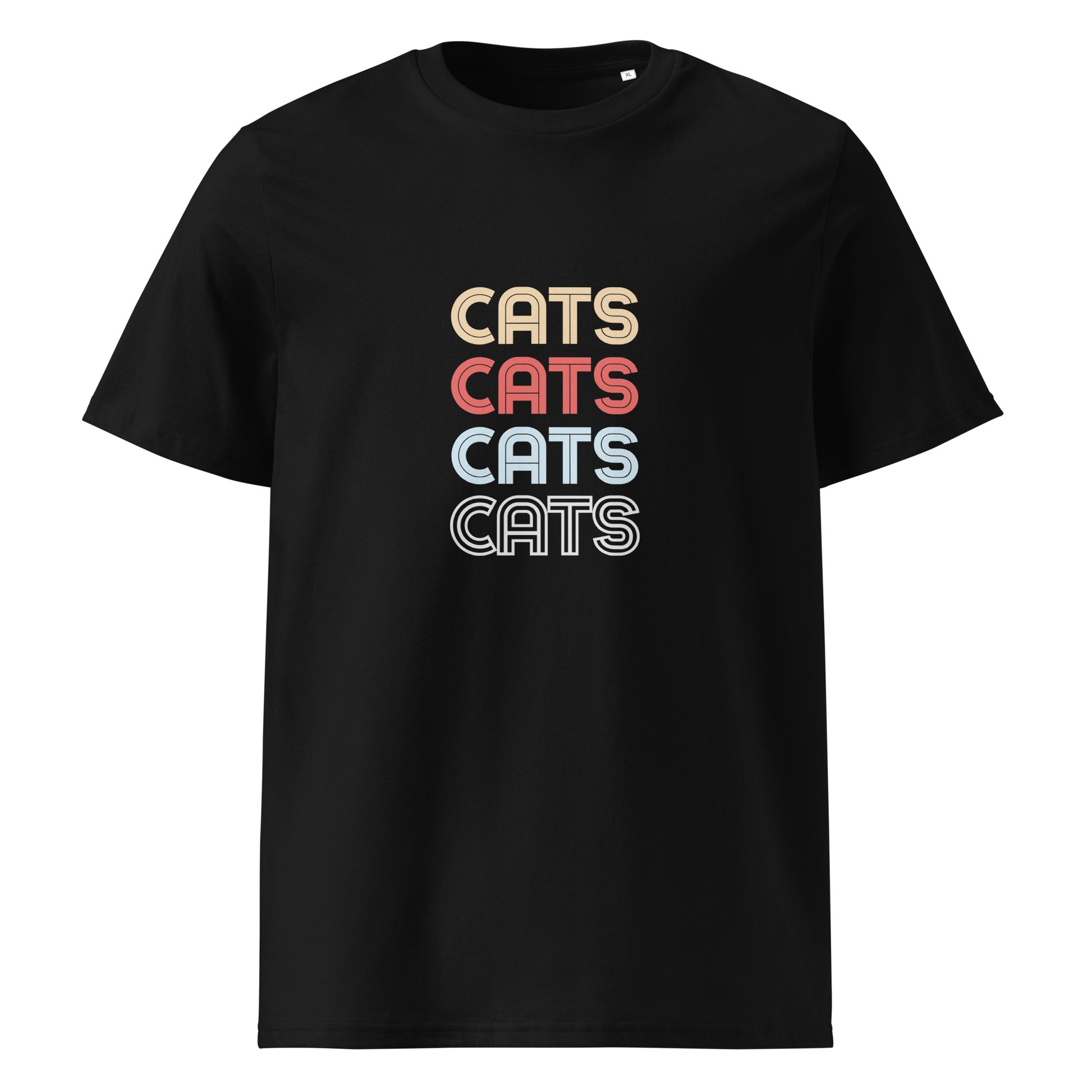Pet Treasures Studio black cats t-shirt for cat lovers with retro stacked multicolour CATS text