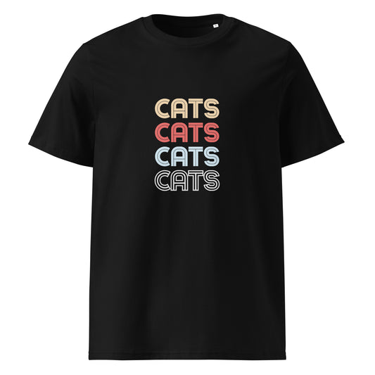 Pet Treasures Studio black cats t-shirt for cat lovers with retro stacked multicolour CATS text