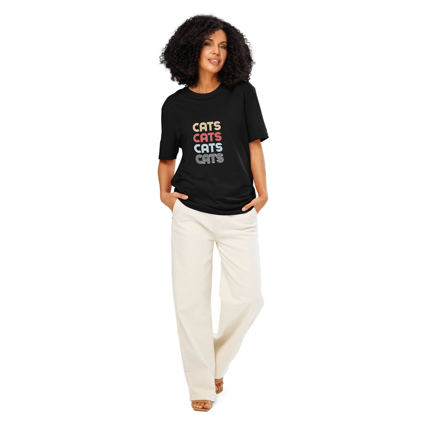 Pet Treasures Studio black cats t-shirt for cat lovers with stacked multicolour text worn by model in cream trousers