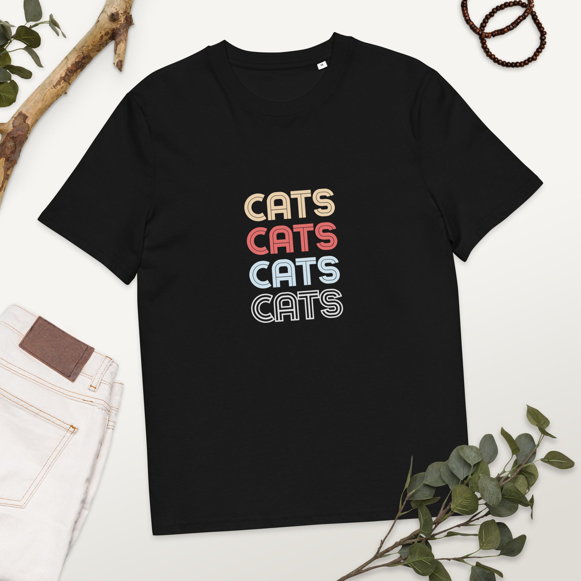 Pet Treasures Studio black T shirt with retro stacked multicolour CATS print cats t-shirt for cat lovers gift