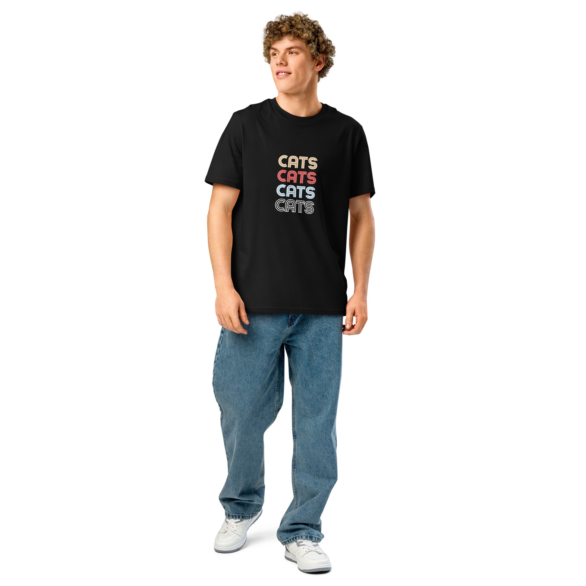 Pet Treasures Studio black t shirt with stacked CATS print worn by male model cats t-shirt for cat lovers