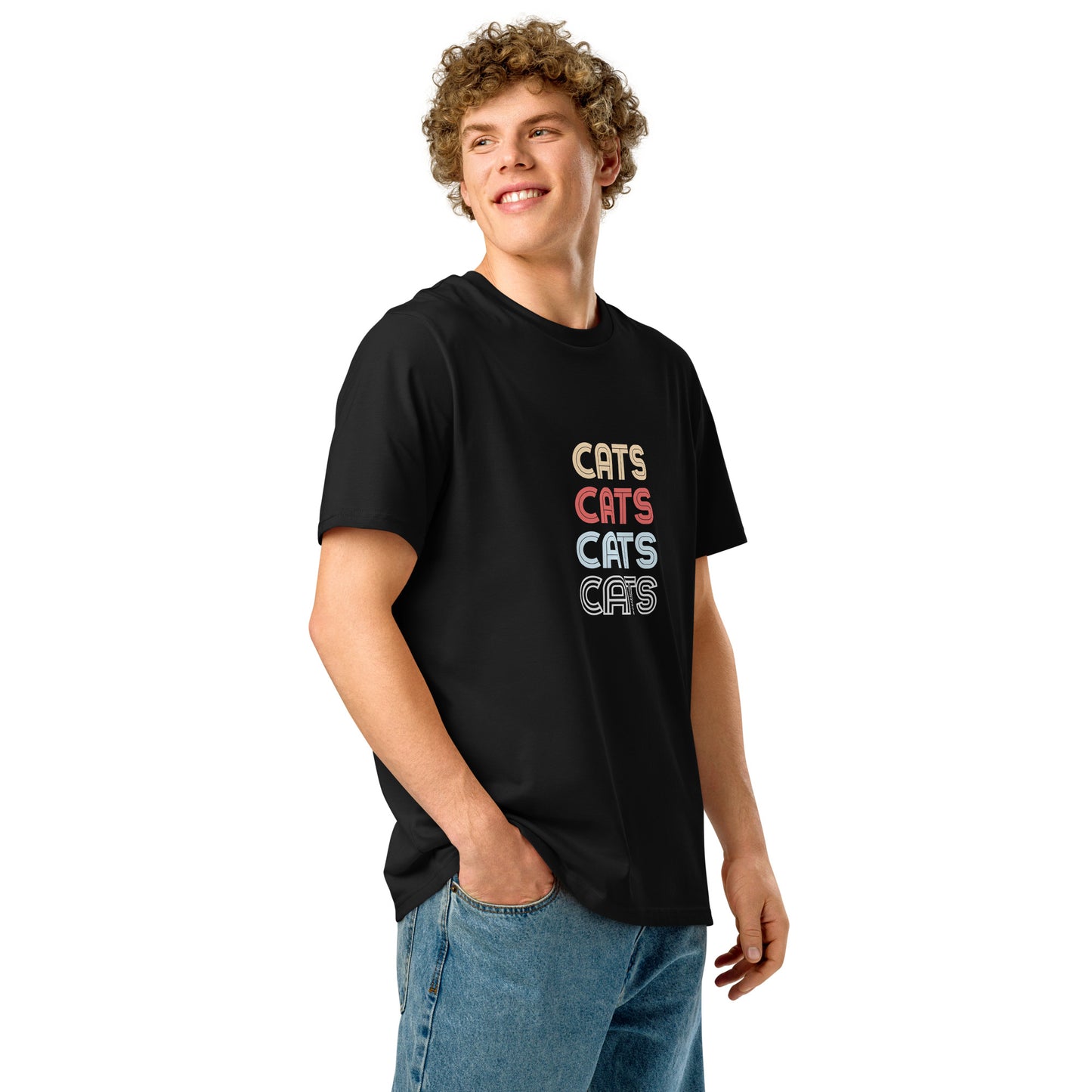 Pet Treasures Studio black T-shirt with stacked multicolour CATS print worn by model cats t-shirt for cat lovers casual wear