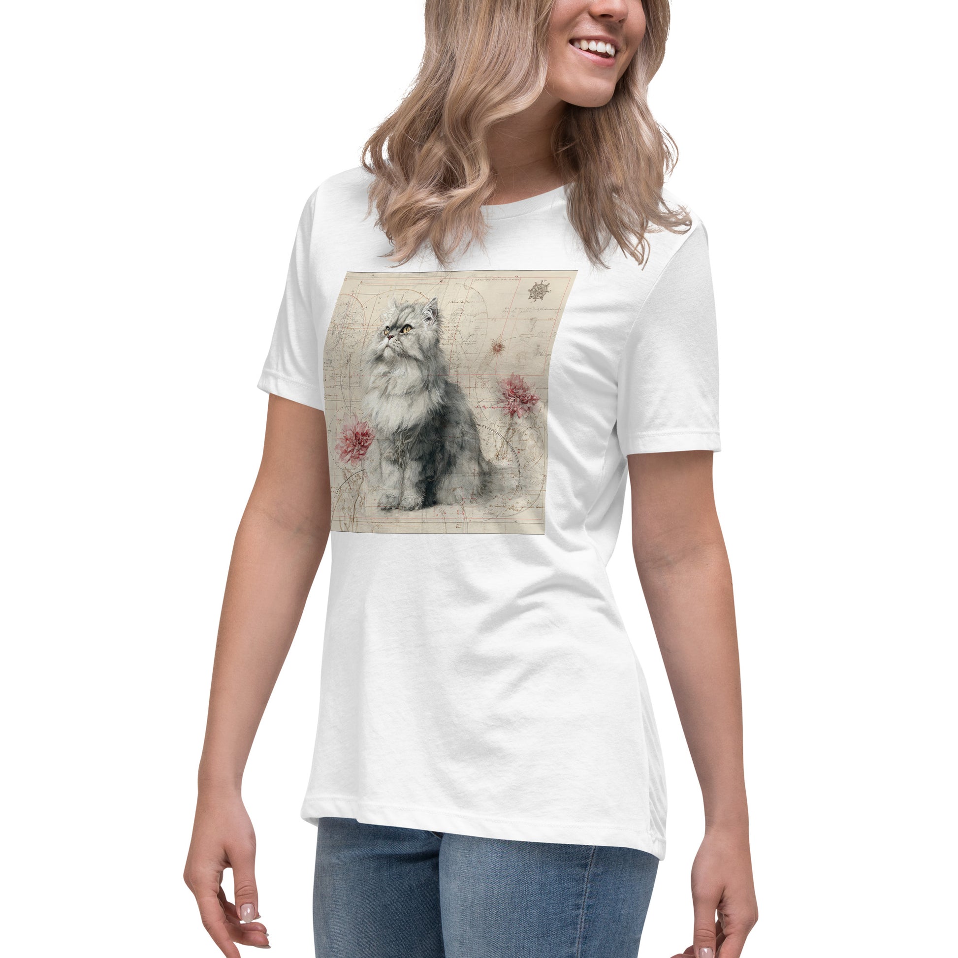 Pet Treasures Studio Persian cat t-shirt white womens tee with vintage illustrated fluffy grey Persian cat and floral accents