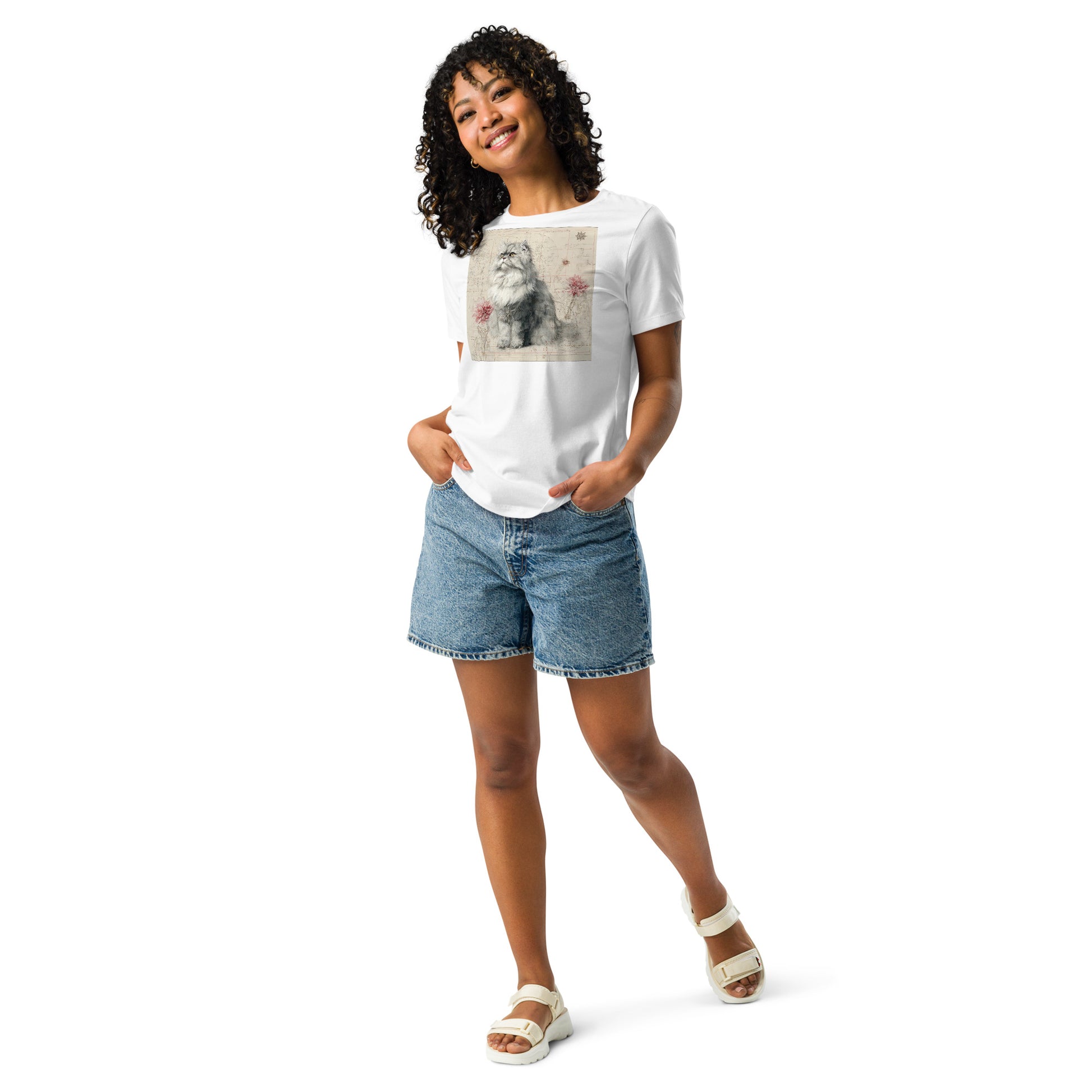 Pet Treasures Studio white Persian cat t-shirt with vintage cat print model wearing denim shorts and sandals