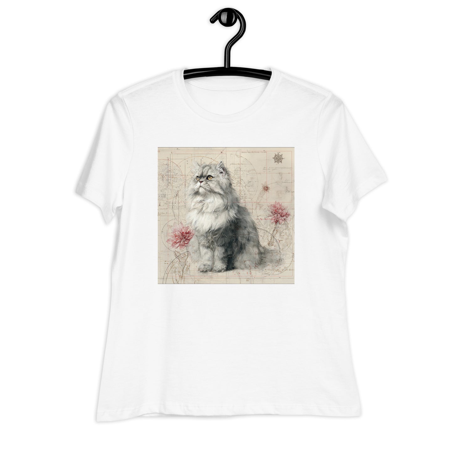 Pet Treasures Studio Persian cat t-shirt featuring vintage grey longhaired cat illustration with pink floral accents on white tee