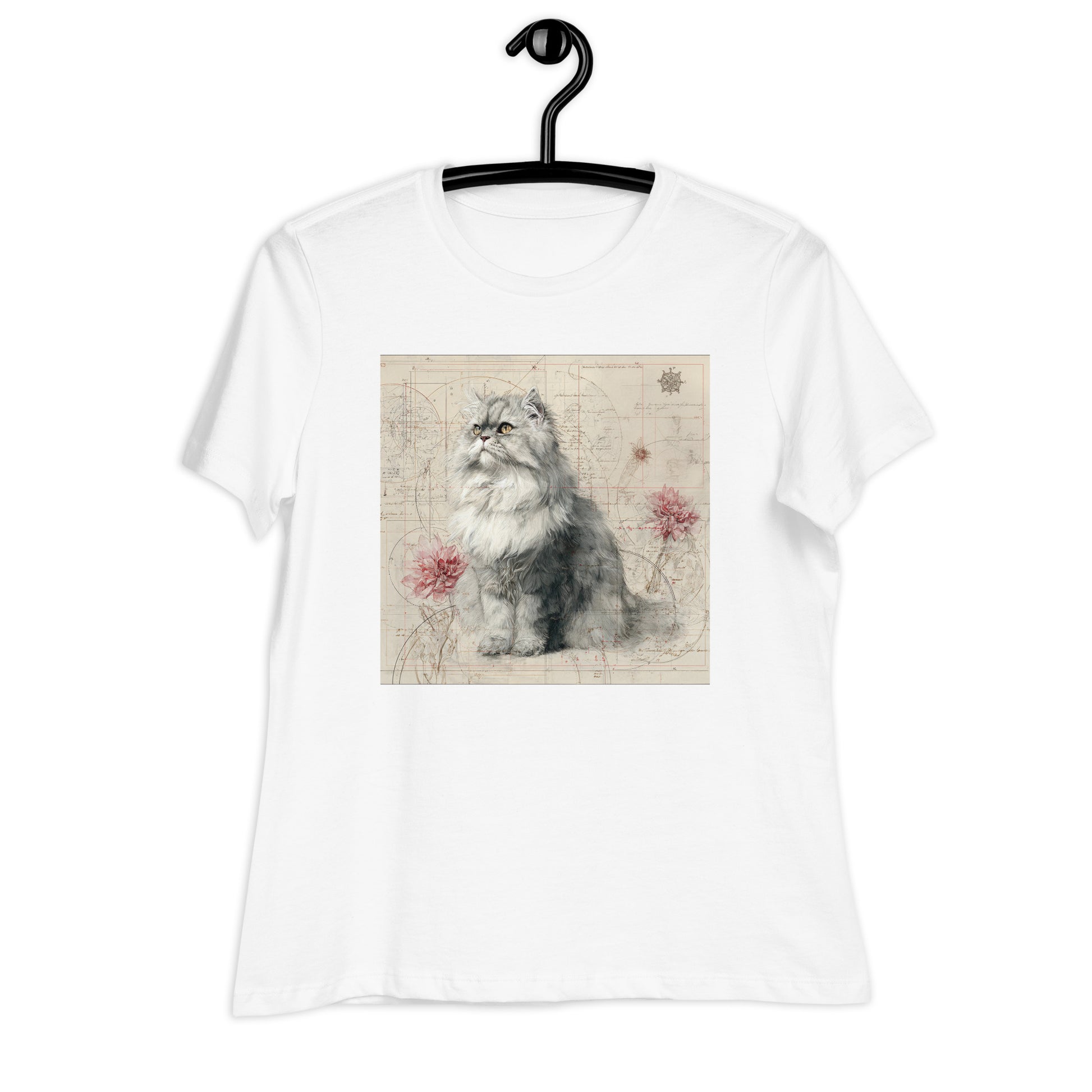 Pet Treasures Studio Persian cat t-shirt featuring vintage grey longhaired cat illustration with pink floral accents on white tee