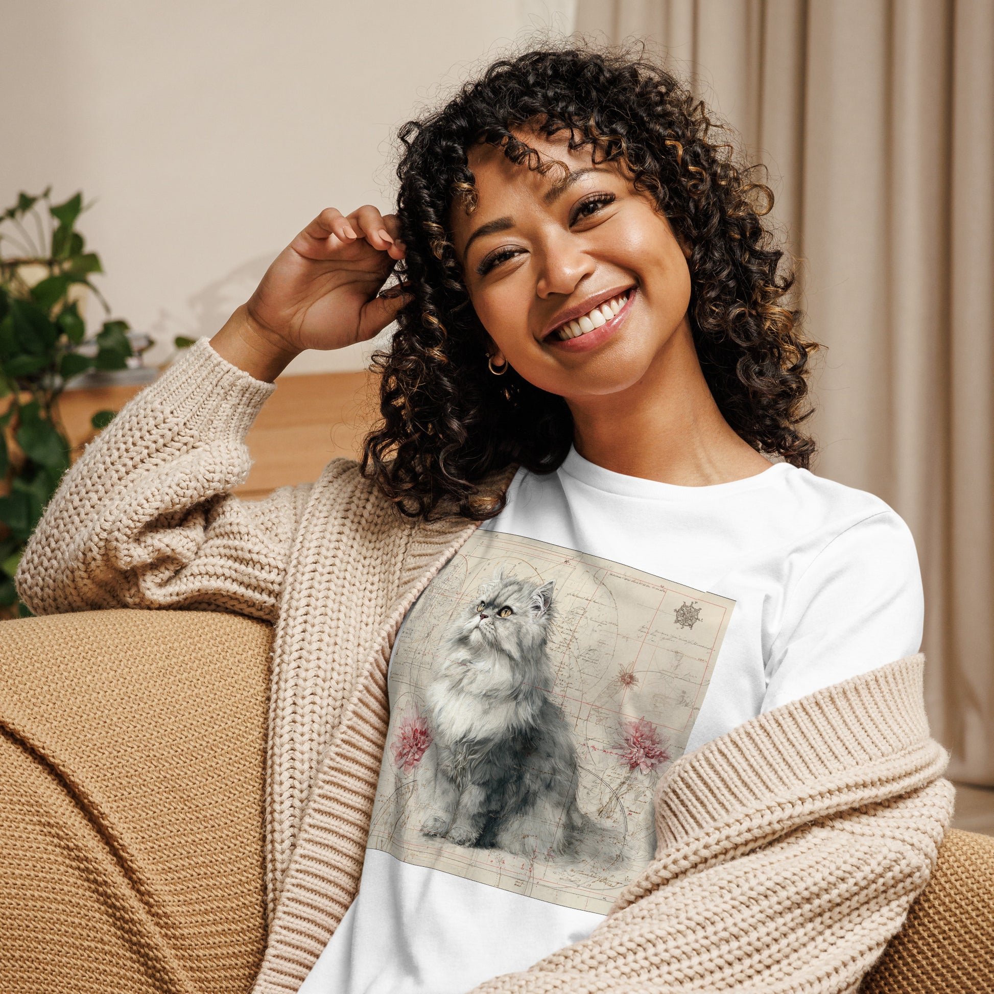 Smiling woman wearing Pet Treasures Studio Persian cat t-shirt with detailed grey longhaired cat illustration on white tee