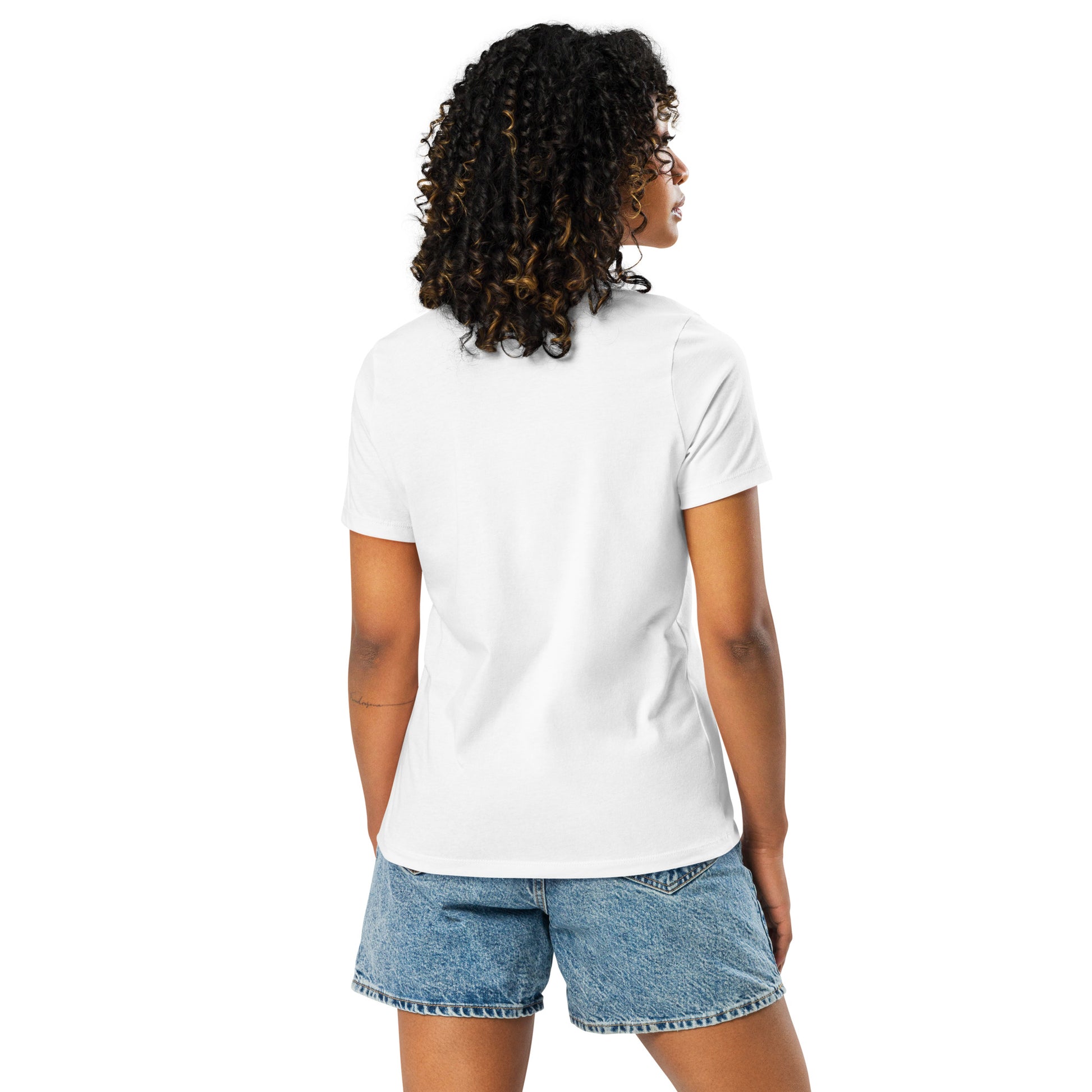 Pet Treasures Studio white Persian cat t-shirt back view on model with denim shorts